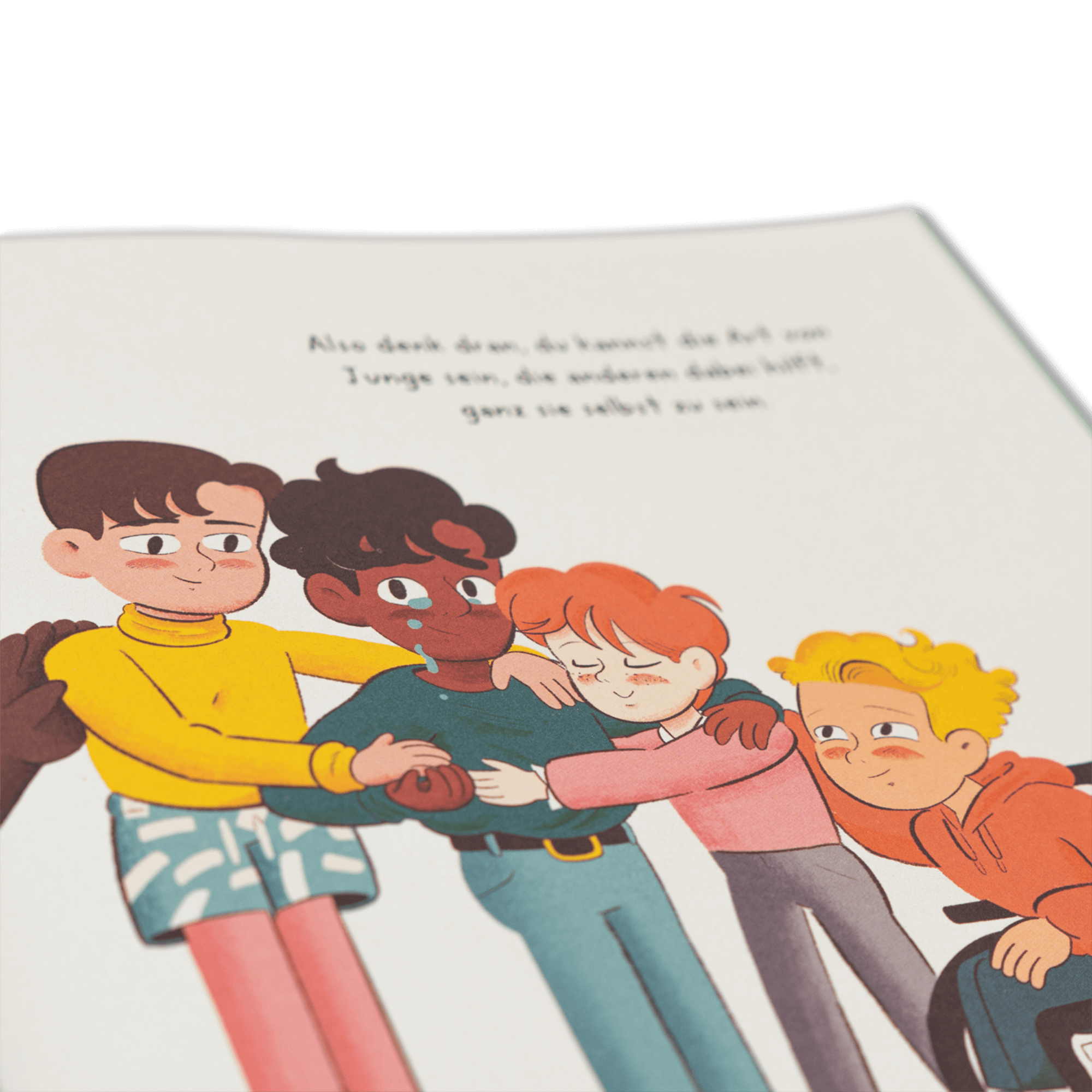 Eine Nahaufnahme aus "Das Paket für starke Jungs" vom Zuckersüß Verlag zeigt vier Kinder, die einen weinenden Freund mit Umarmungen und liebevollen Gesten trösten. Auf dem schlichten Hintergrund steht ein Text über Geschlechterrollen.