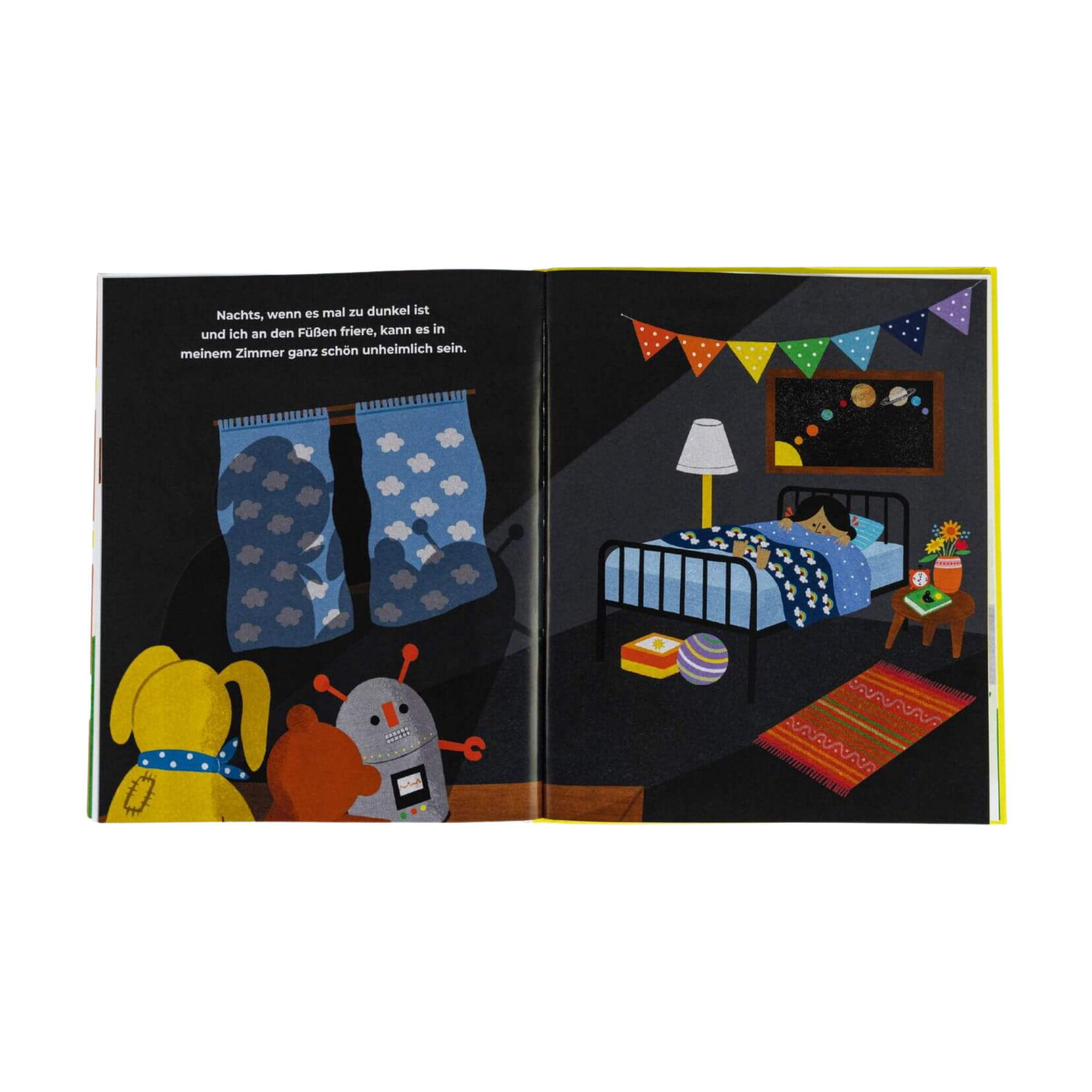 Eine Illustration aus "Manchmal bin ich alles, was ich brauche" von Juliana Perdomo zeigt ein dunkles Schlafzimmer mit einem Kind im Bett, verstreutem Spielzeug, Wolkenvorhängen an zwei Fenstern, Wimpeln über dem Kopf, einfallendem Mondlicht und einem Text über Selbstvertrauen stärken.