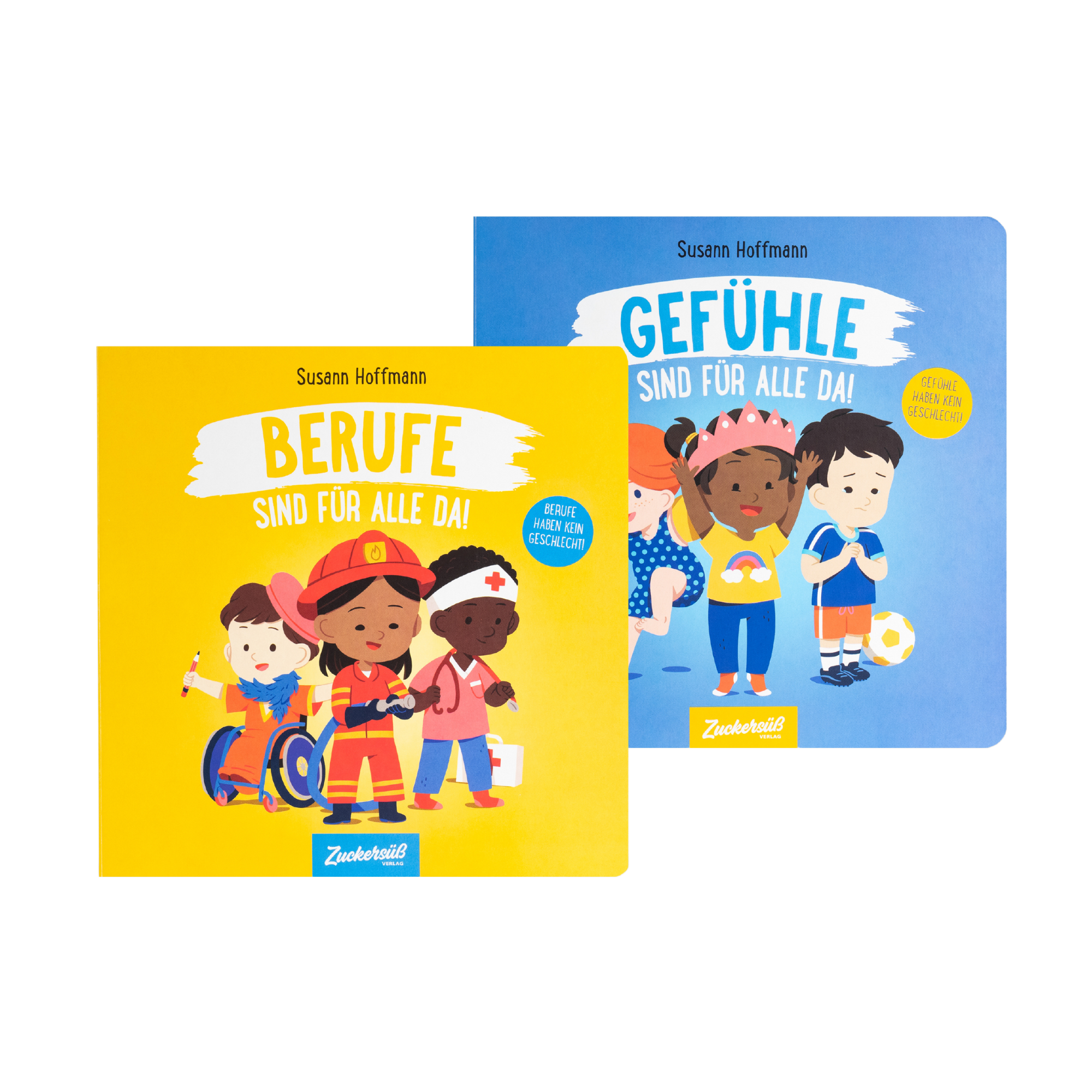 Zwei farbenfrohe Pappbilderbücher von Susann Hoffmann stehen nebeneinander. Links: „Berufe sind für alle da“ mit gelbem Cover und Illustrationen von Kindern in verschiedenen Berufskleidungen. Rechts dahinter: „Gefühle sind für alle da“ mit blauem Cover, auf dem Kinder unterschiedliche Emotionen zeigen. Beide Bücher tragen den Hinweis, dass Berufe bzw. Gefühle kein Geschlecht haben.