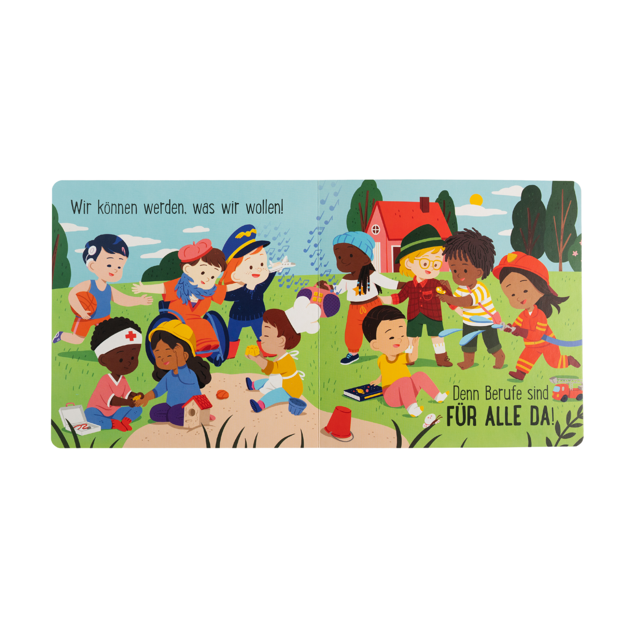 Susann Hoffmanns "Berufe sind für alle da & Gefühle sind für alle da" zeigt diverse Kinder beim Spielen, Verkleiden und Überwinden von Geschlechterrollen. Botschaft: Wir können werden, was wir wollen! Berufe sind FÜR ALLE DA!.