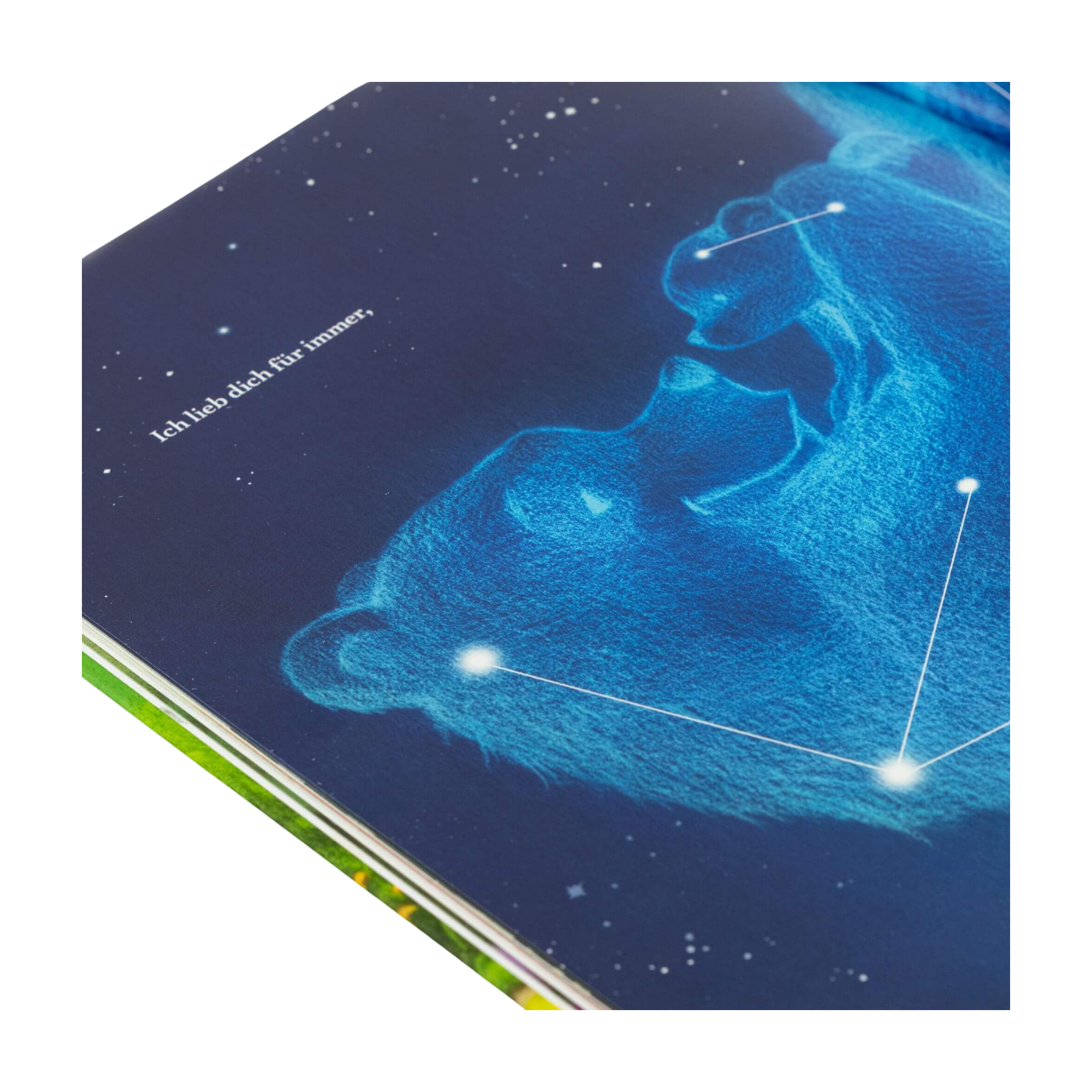 Eine illustrierte Seite aus "Best of Vashti Harrison" vom Zuckersüß Verlag zeigt leuchtend blaue Bärenkonstellationen unter "Ich hab dich für immer." Perfekt für jedes Kinderzimmer, mit einem sternenklaren Nachthimmel als Hintergrund.