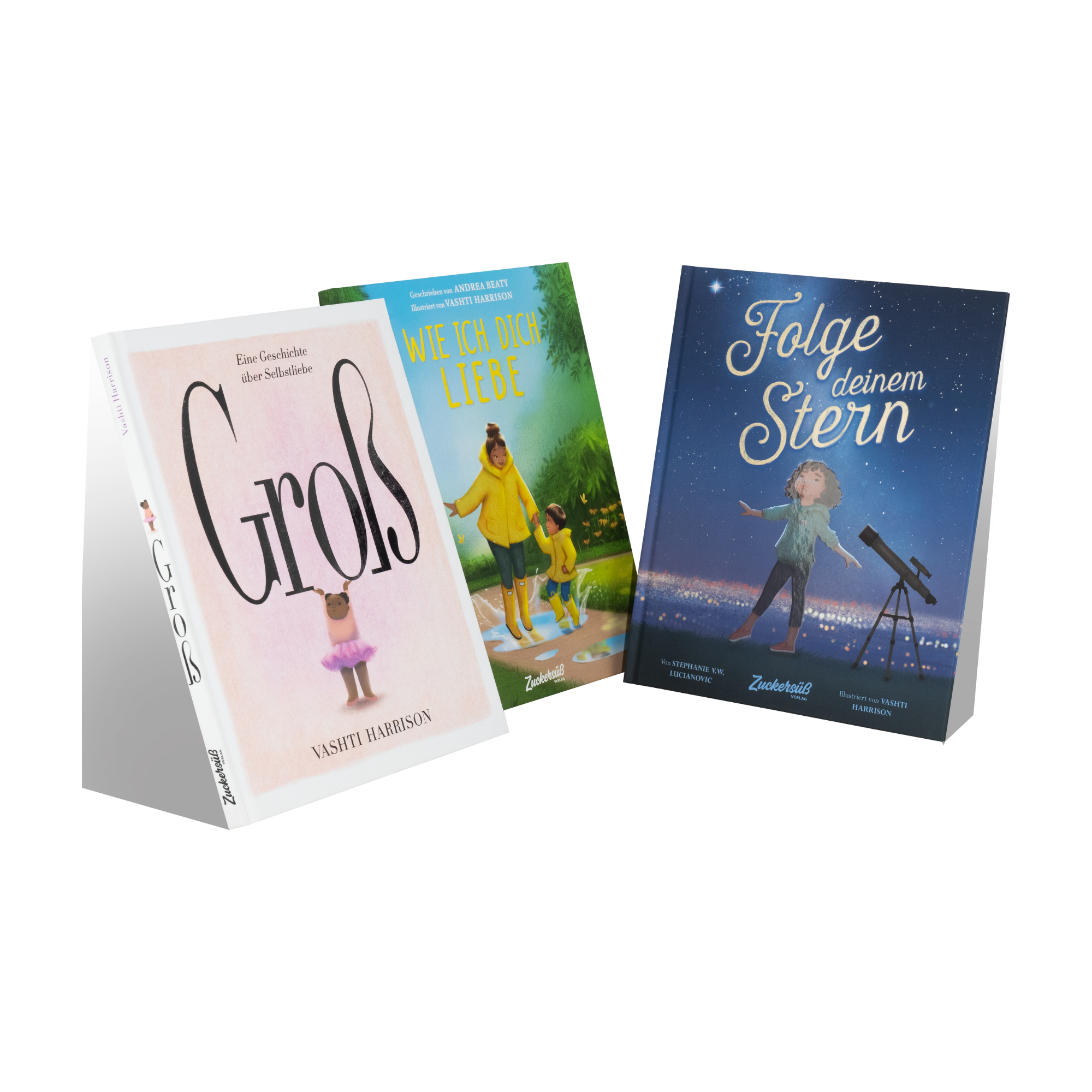 Drei herzerwärmende Bücher vom Zuckersüß Verlag fürs Kinderzimmer: In "Best of Vashti Harrison" zeigt ein Kind mit Teleskop, ein anderes blickt zu "Groß" auf, und in "Wie ich mich liebe" umarmt ein Kind einen Erwachsenen.