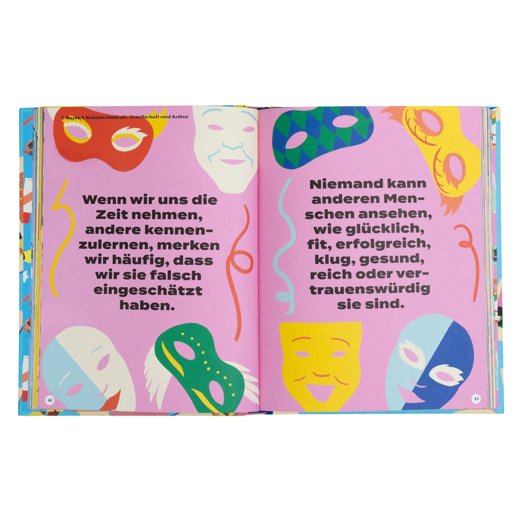 Ein aufgeschlagenes Buch aus dem "Pubertät Starter Pack" des Zuckersüß Verlags zeigt farbenfrohe illustrierte Masken und fettgedruckten deutschen Text auf lila Hintergrund und erforscht die Wahrnehmung und Vertrauenswürdigkeit von Menschen.