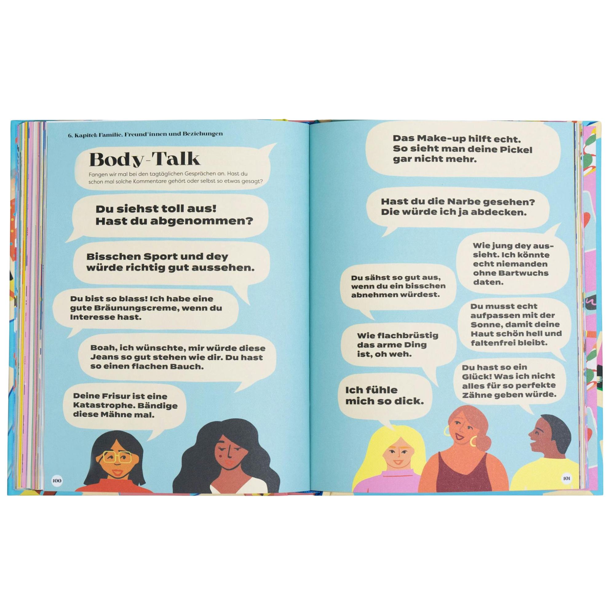 Ein aufgeschlagenes Pubertät Starter Pack Buch vom Zuckersüß Verlag zeigt zwei Seiten: die linke mit blauem Hintergrund, verschiedenen Frauen und deutschem Text zum Körperbild, die rechte weiter mit Selbstakzeptanz und Aussehensthemen auf Deutsch.
