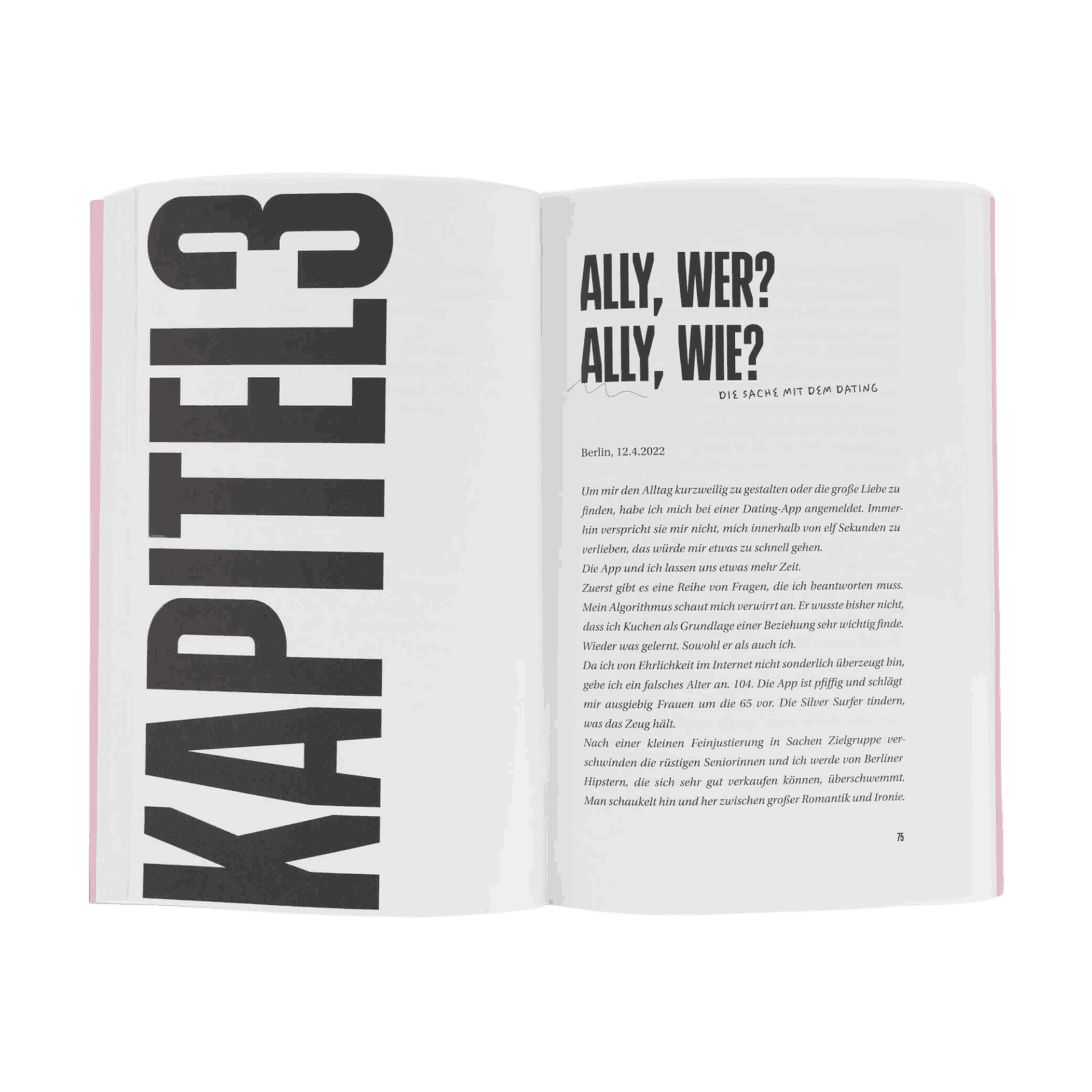 Ein aufgeschlagenes Buch, "All die brennenden Fragen" von Henri Maximilian Jakobs mit Christina Wolf, zeigt eine linke Seite mit dem fetten vertikalen "KAPITEL 3" und eine rechte Seite mit dem Titel "ALLY, WER? ALLY, WIE?" mit einem Absatz über Transition und trans Realitäten.