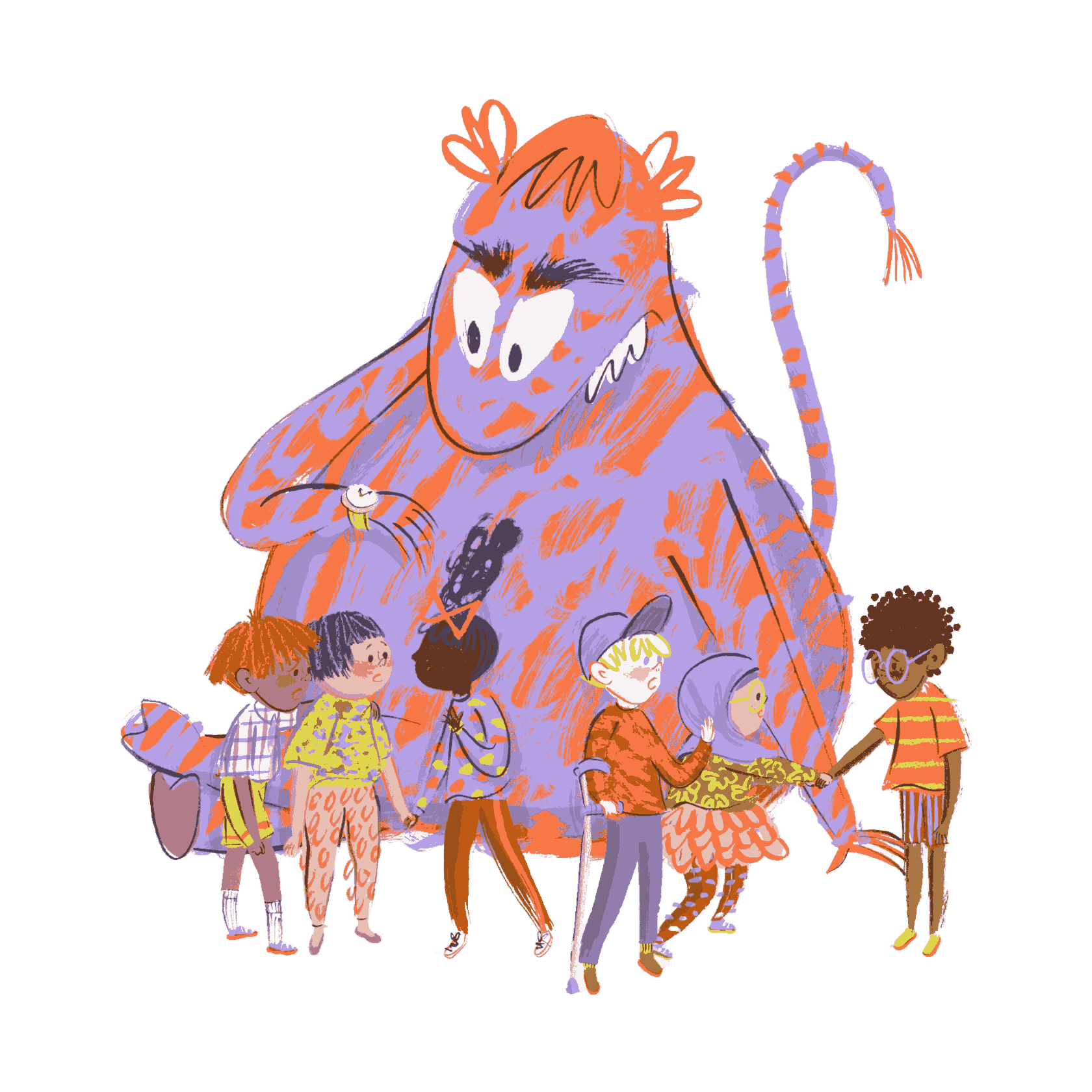 Ein großes, lila-orange gestreiftes Monster mit rotem Haar schaut auf eine kleine weiße Uhr auf seinem Arm. Vor ihm stehen sechs Kinder mit unterschiedlichem Aussehen in einer Reihe und halten sich an den Händen. Die Szene stammt aus dem Bilderbuch Das gibt Streit! von Joseph Coelho, illustriert von Allison Colpoys.