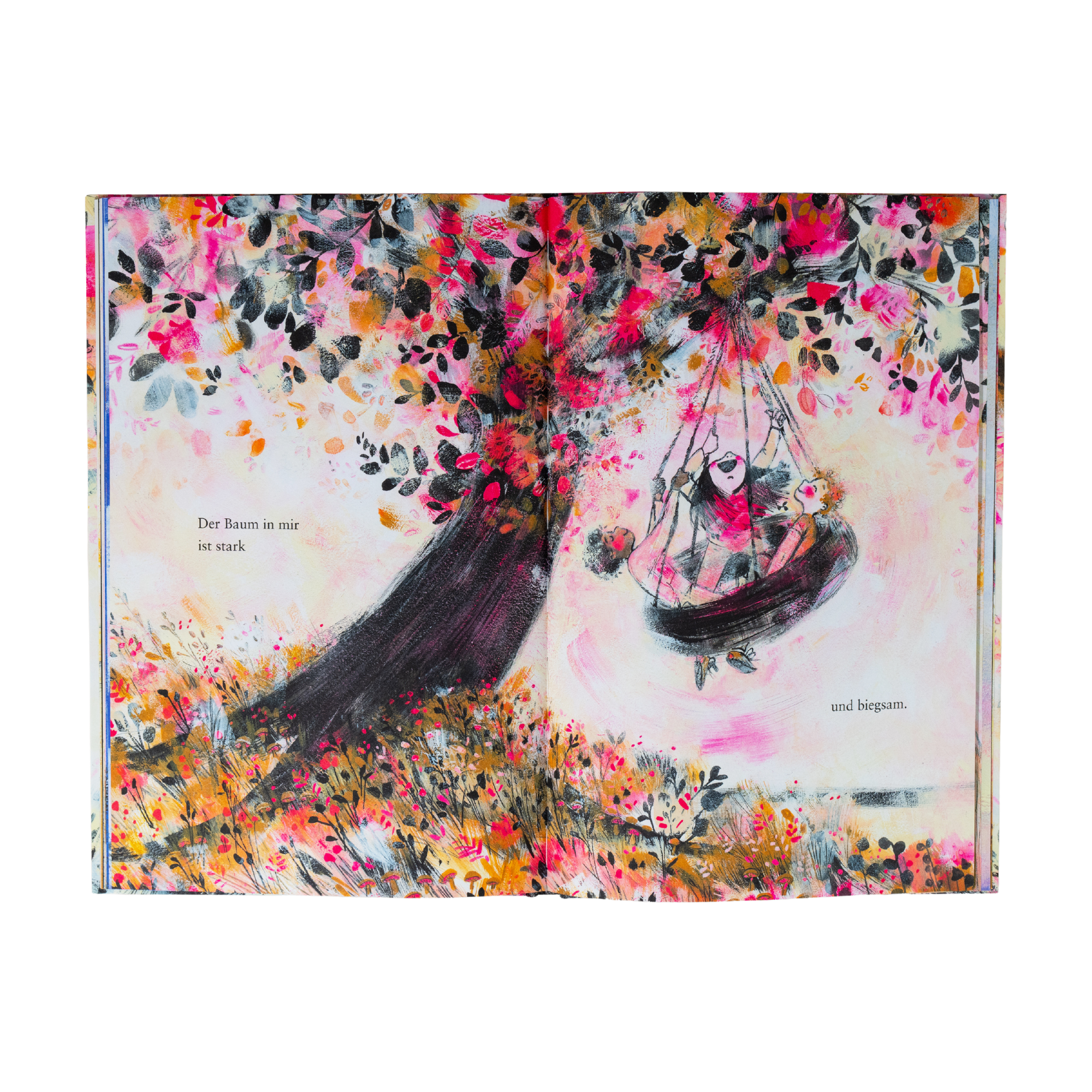 Eine illustrierte Doppelseite aus "Der Baum in mir" von Corinna Luyken zeigt zwei Mädchen auf einer Schaukel unter einem lebhaften Baum. Dazu der Text: "Der Baum in mir ist stark und biegsam".