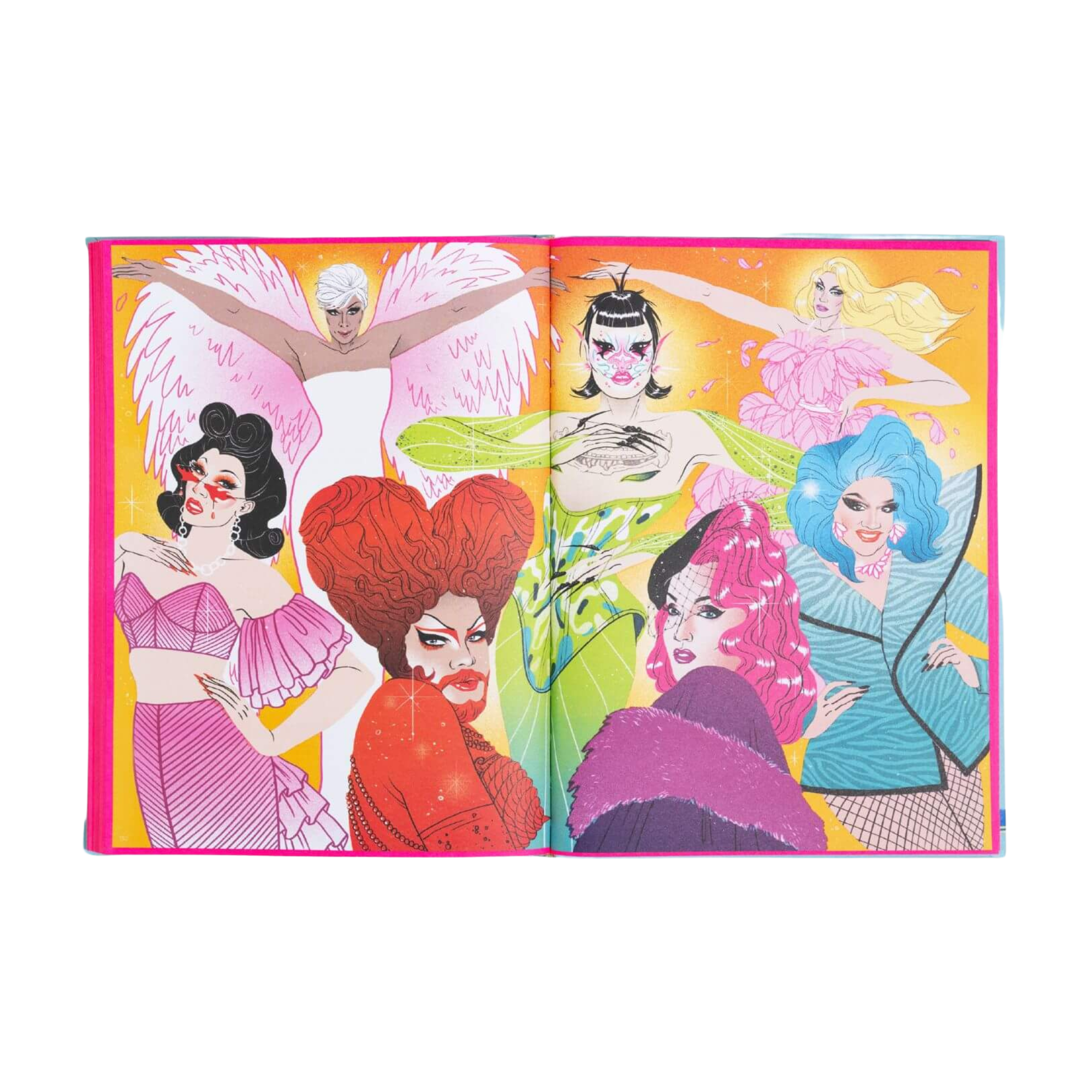 Eine Illustration aus "Drag ist Kunst" von Jake Hall, die sieben lebhafte Drag Ikonen mit dramatischem Make-Up und extravaganten Outfits zeigt, die selbstbewusst vor einem leuchtenden rosa, gelben und orangen Hintergrund posieren, der von der Drag-Kultur inspiriert ist.