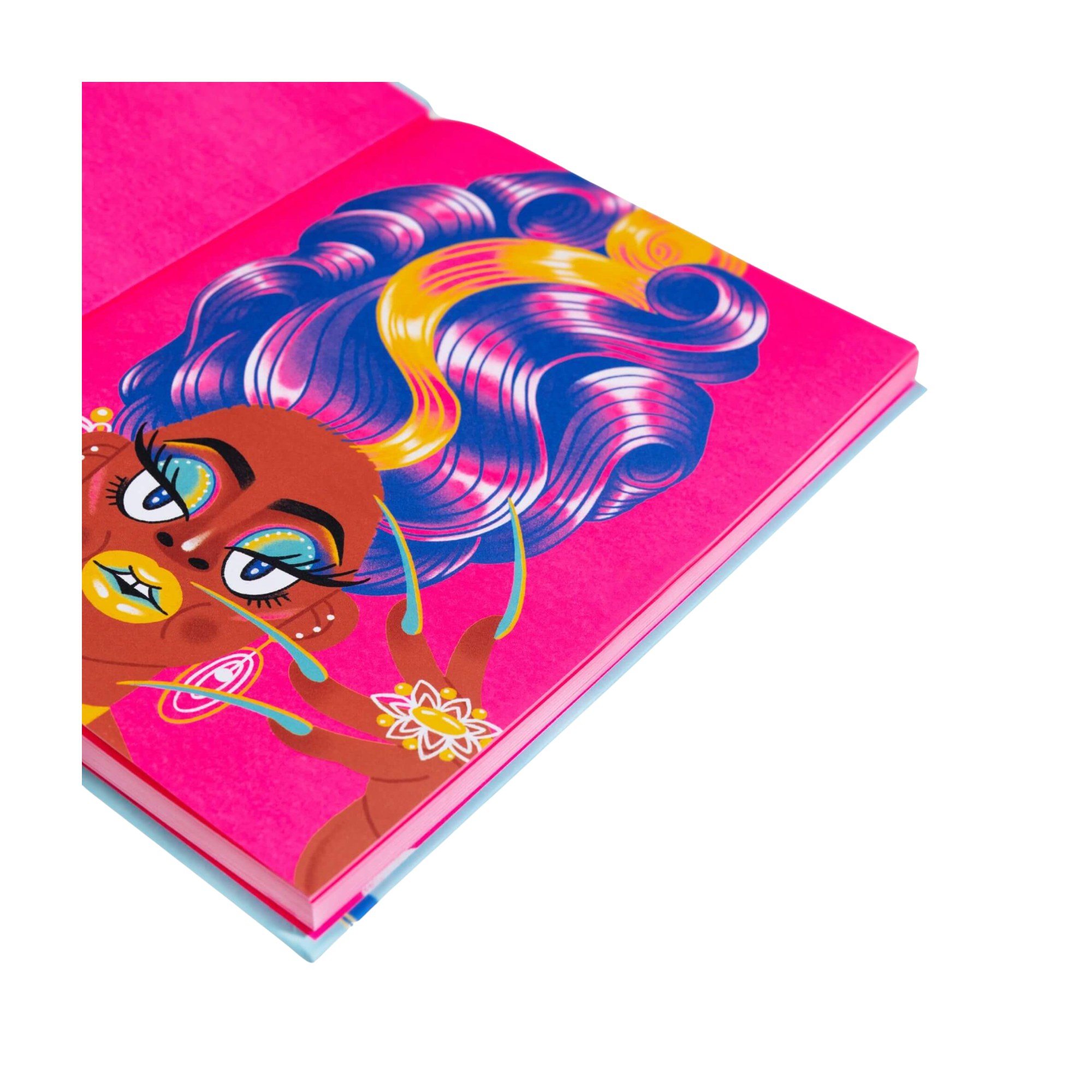 "Drag ist Kunst" von Jake Hall: Ein aufgeschlagenes Buch mit einer lebendigen Drag-Queen-Illustration - bunte, wirbelnde Haare, auffälliges Make-up und farbenfrohe Accessoires auf einem leuchtend rosa Hintergrund - ideal für Fans von Drag und RuPaul's Drag Race.