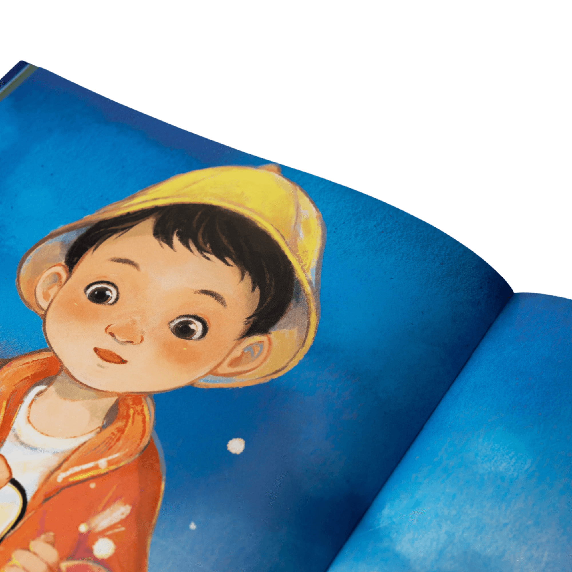 Illustration eines kleinen Kindes mit gelbem Hut und orangefarbener Jacke auf blauem Hintergrund aus