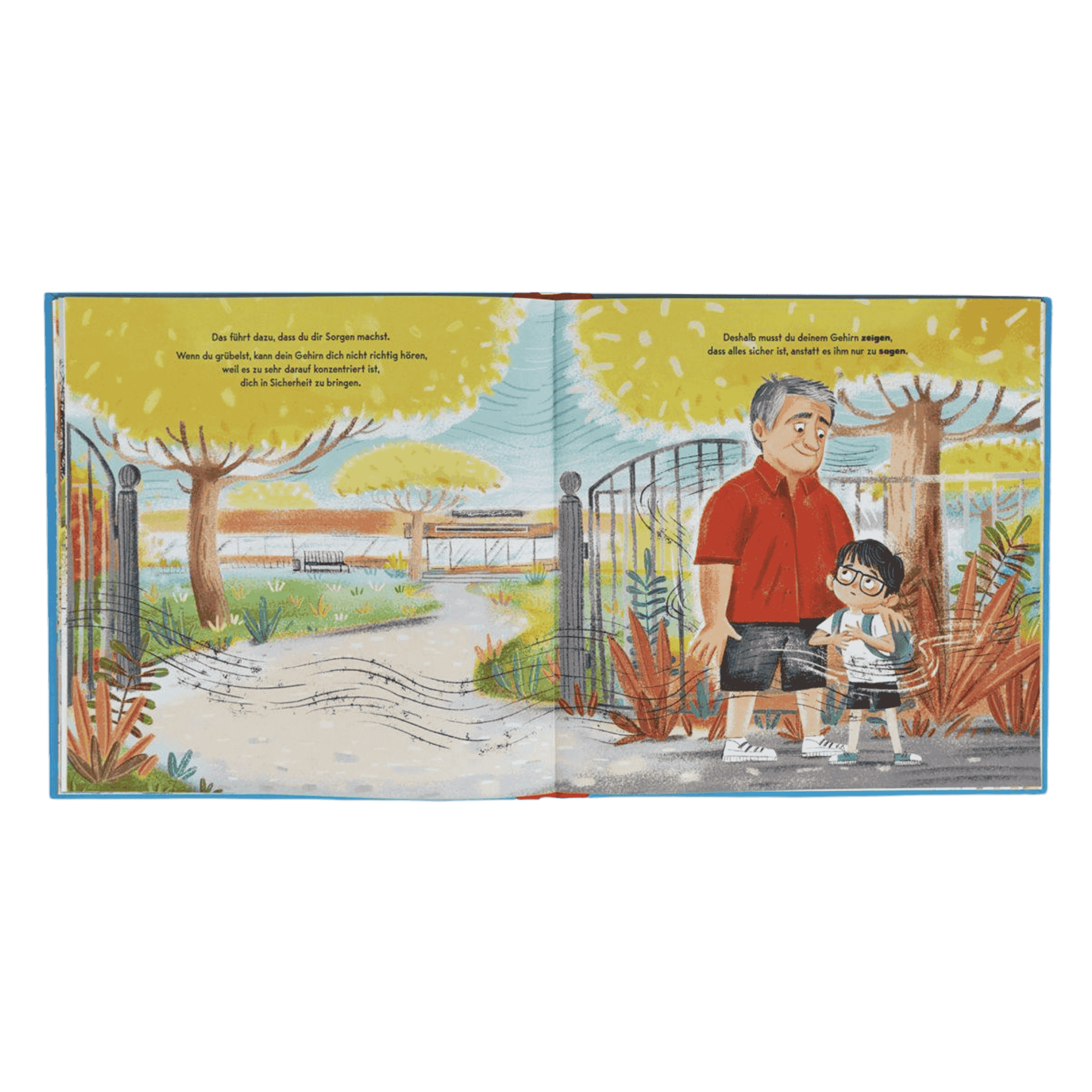 Eine illustrierte Doppelseite aus dem School Starter Pack des Zuckersüß Verlags zeigt einen Park mit Bäumen, einer Bank und einem großen Tor. Ein älterer Mann in rotem Hemd steht neben einem Kind mit Brille und Rucksack. Die beiden blicken sich an, während der Mann beruhigend die Hand auf die Schulter des Jungen legt.