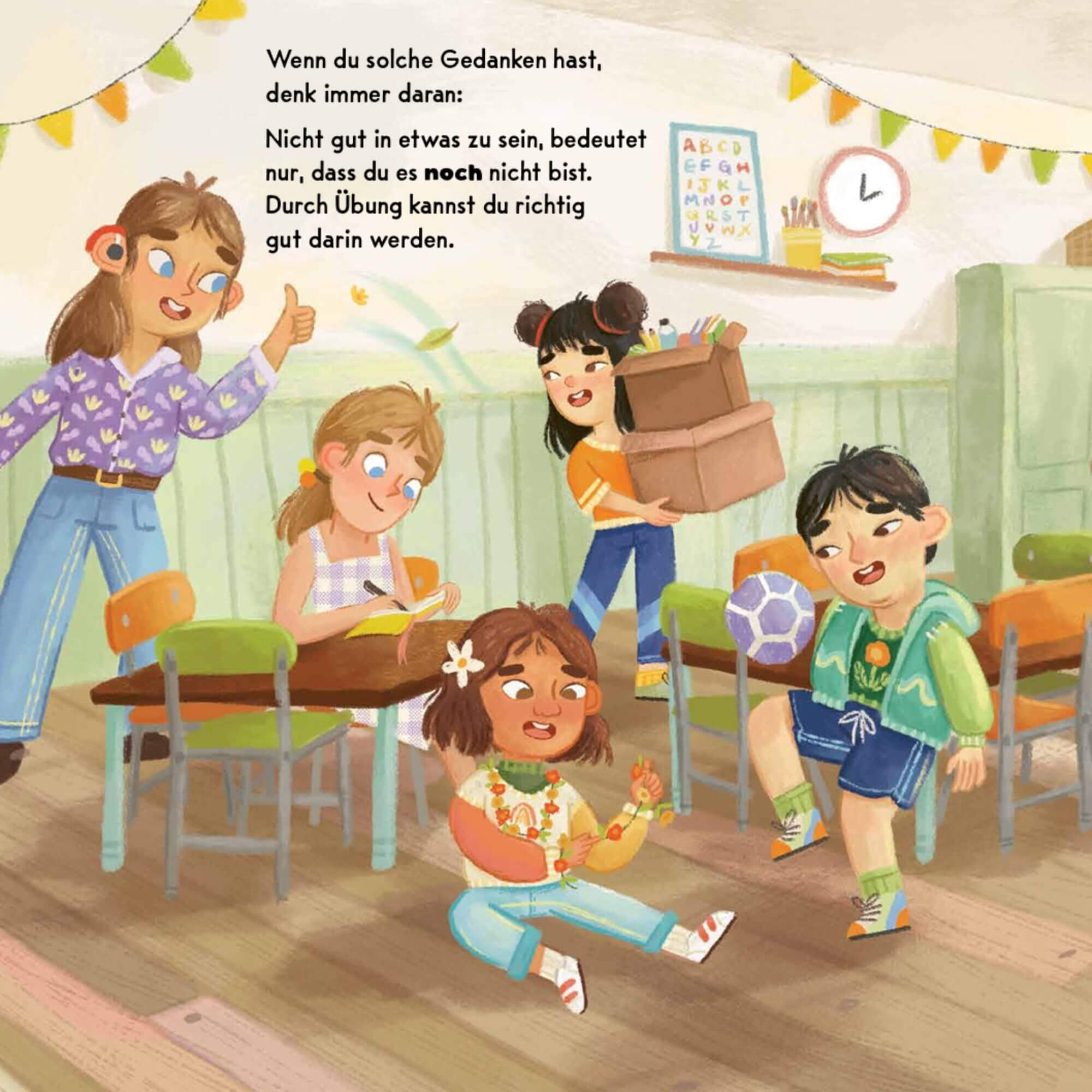 Eine fröhliche Szene im Klassenzimmer zeigt vier glückliche Kinder, die mit einer lächelnden Lehrerin in der Nähe interagieren. Inspiriert von Jessica Sanders'