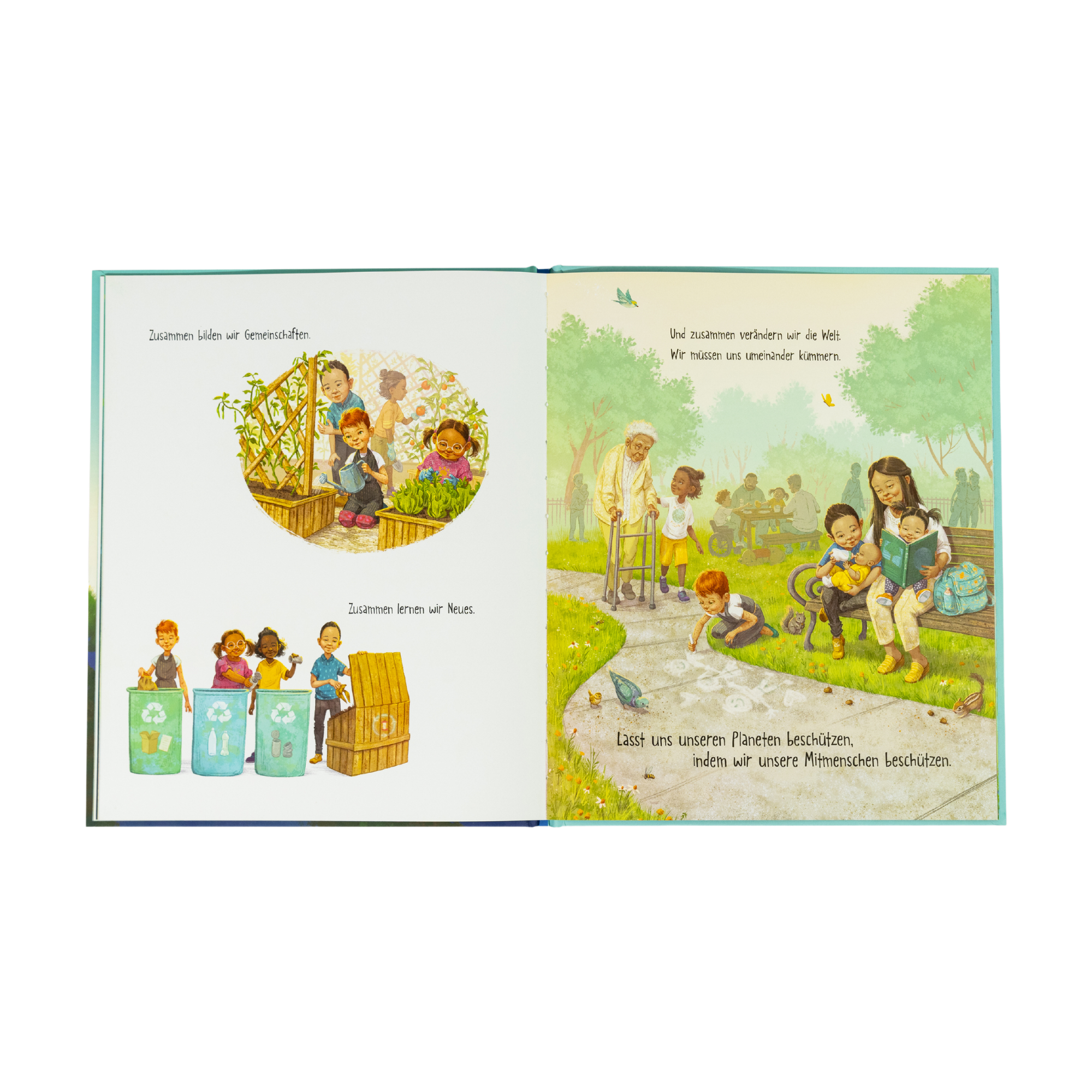 "Ein Planet wie unserer" von Frank Murphy & Charnaie Gordon zeigt Kindern beim Gärtnern, Recyceln und Aufräumen mit Erwachsenen. Der deutsche Text fördert Teamarbeit, Nachhaltigkeit und gemeinsames Umweltschutzbewusstsein.