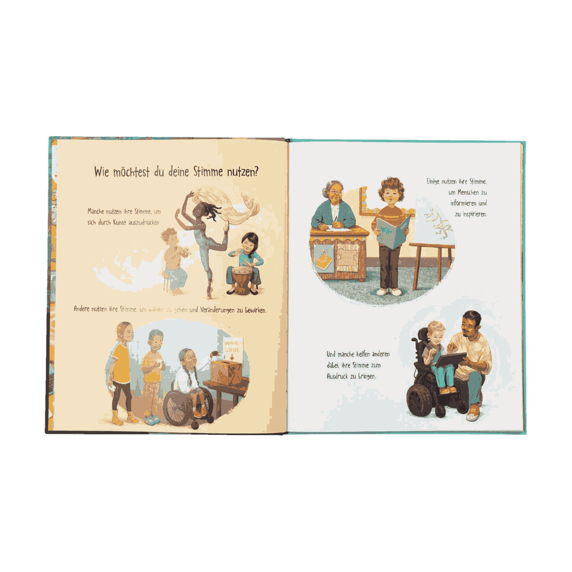 "Eine Stimme wie deine" von Frank Murphy und April Groman zeigt ein offenes Kinderbuch mit Illustrationen vielfältiger Kinder und Erwachsener, die auf sprechen, singen und präsentieren.