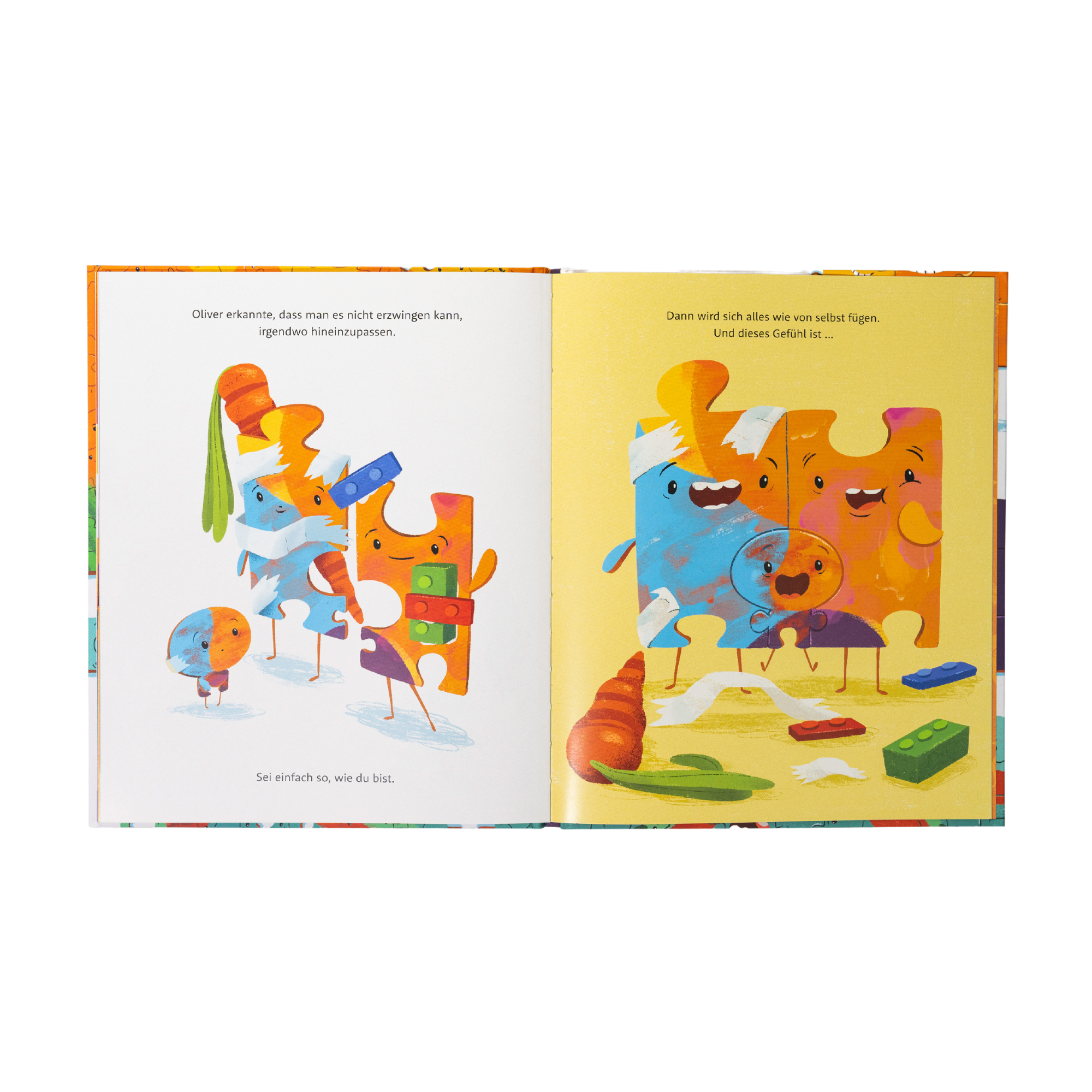 Doppelseite aus dem Kinderbuch „Einzigartig“ von Cale Atkinson: Auf der linken Seite steht eine Figur traurig vor drei fantasievoll geschmückten Puzzleteilen. Rechts umarmen sich drei leuchtend bunte Puzzleteile lächelnd – zwischen verstreuten Spielsteinen, Karotten und Papierstreifen. Der Text betont: „Sei einfach so, wie du bist.“