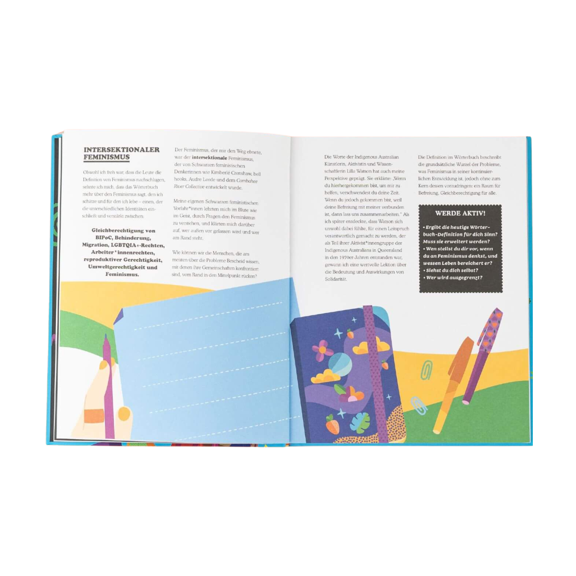 In "Das Buch vom Feminismus" von Jamia Wilson erscheint auf der linken Seite ein Text über intersektionalen Feminismus, während auf der rechten Seite bunte Illustrationen von Notizbüchern, Stiften und abstrakten Formen zu sehen sind.