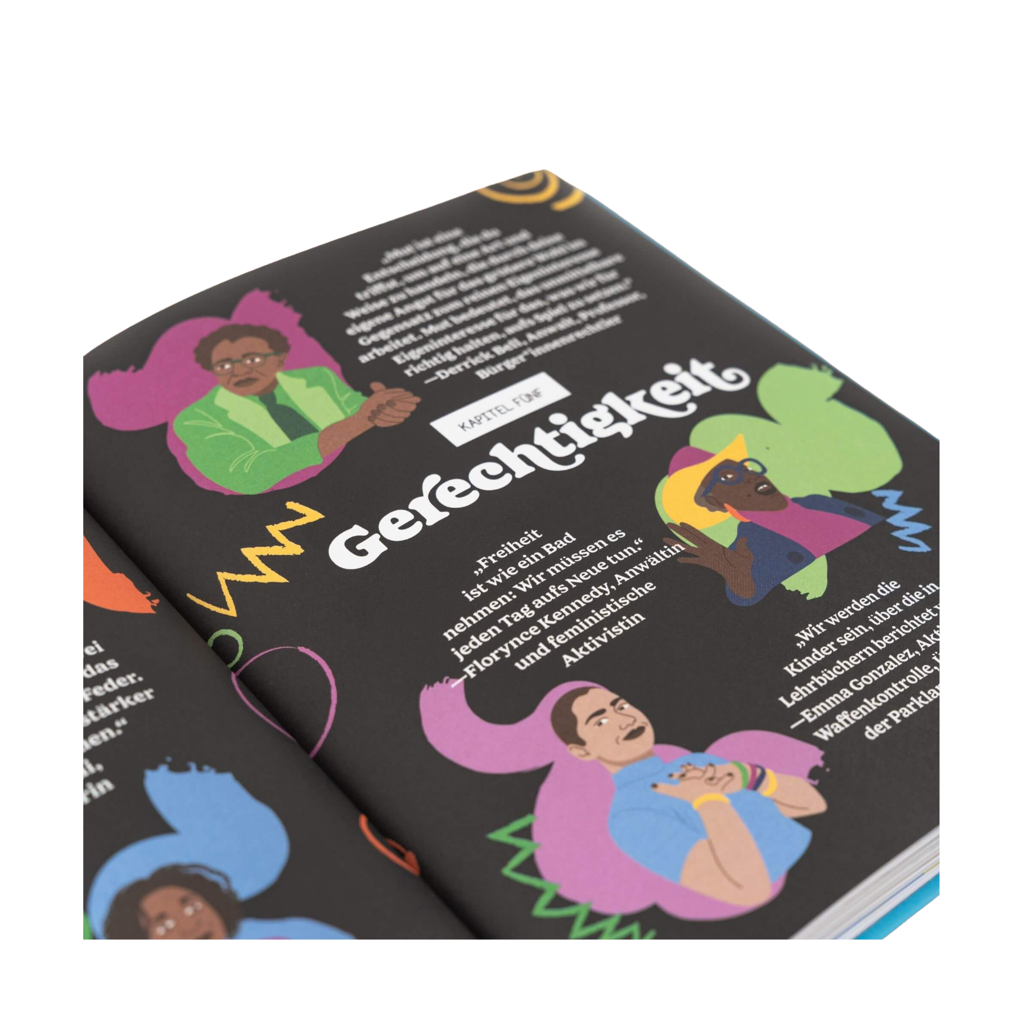 Eine aufgeschlagene Seite von "Das Buch vom Feminismus" von Jamia Wilson zeigt bunte Illustrationen verschiedener Menschen auf schwarzen Seiten, mit der Überschrift "Gerechtigkeit", die den intersektionalen Feminismus durch Text und abstrakte Formen hervorhebt.