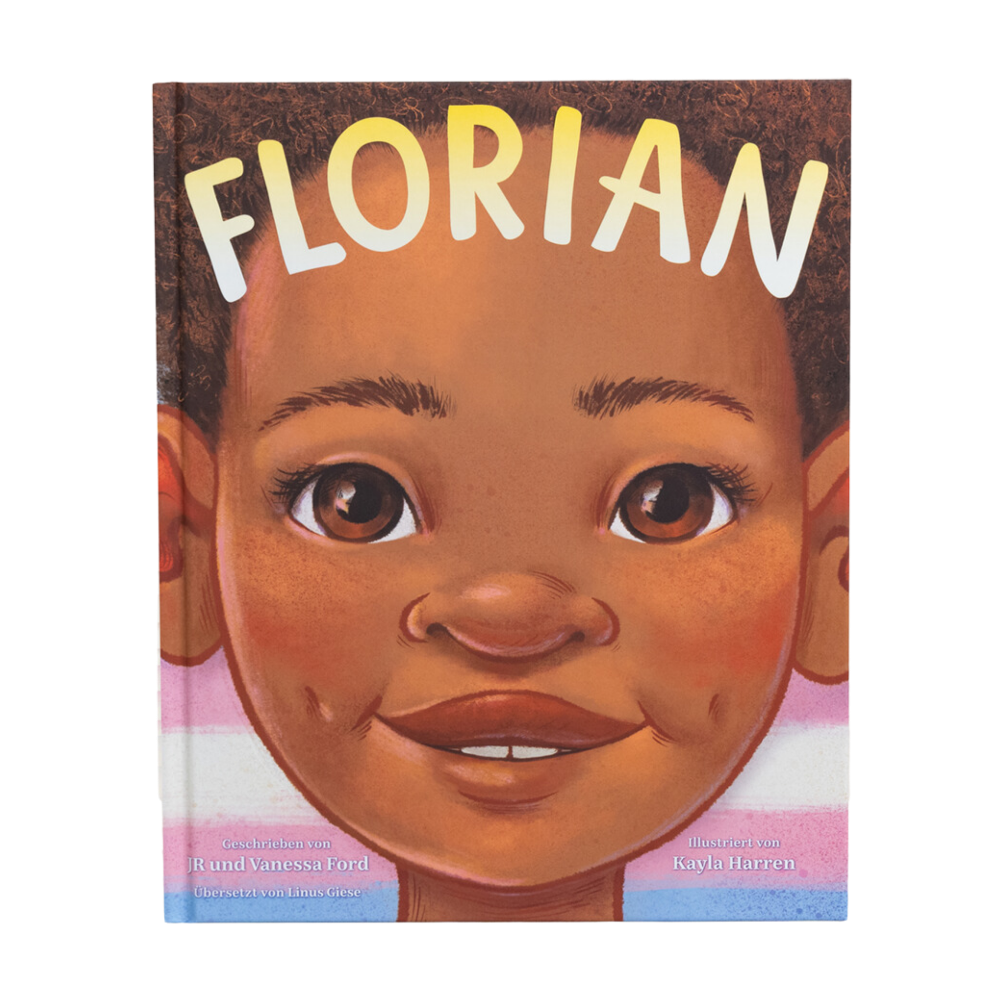 Das Cover von "Florian", einem Mutmacherbuch für Transkinder von JR Ford & Vanessa Ford, zeigt ein lächelndes Kind mit brauner Haut, lockigem Haar und großen braunen Augen. Die Illustration stammt von Kayla Harren.