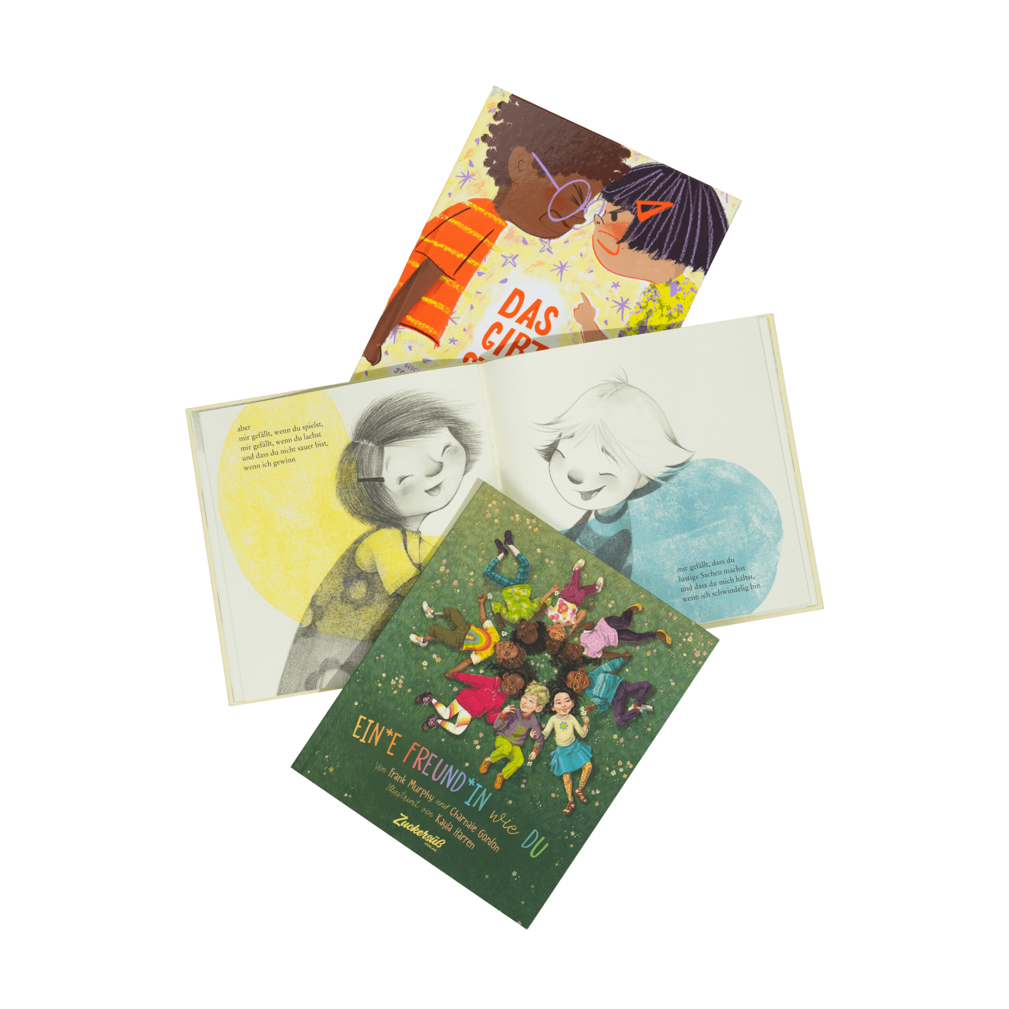 Drei farbenfrohe Kinderbücher aus dem "Freundschafts- Starter Pack" des Zuckersüß Verlags sind überlappend angeordnet; zwei sind aufgeschlagen mit illustrierten Seiten und ein geschlossenes zeigt Kinder beim Händchenhalten - ein perfektes Set für Empathie und Konfliktlösung.