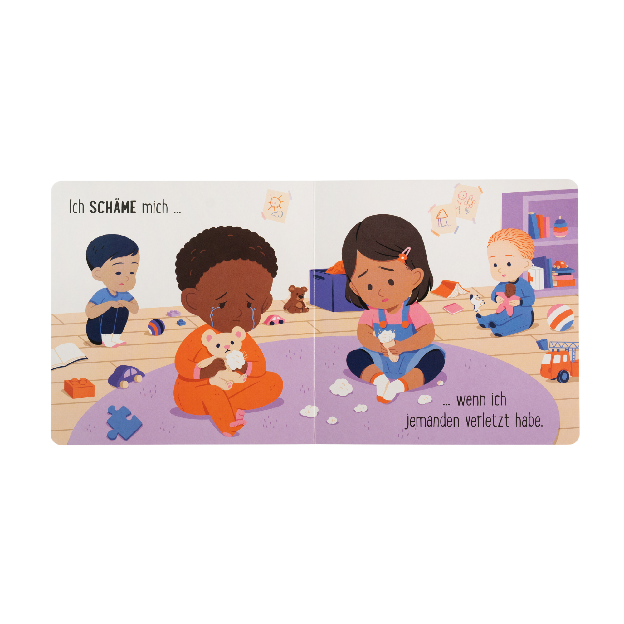 Doppelseite aus dem Buch „Gefühle sind für alle da!“ von Susann Hoffmann: Vier Kinder sitzen mit traurigen Gesichtern im Spielzimmer, zwei halten Kuscheltiere. Um sie herum liegen Spielsachen. Der Text lautet: „Ich SCHÄME mich … wenn ich jemanden verletzt habe.“