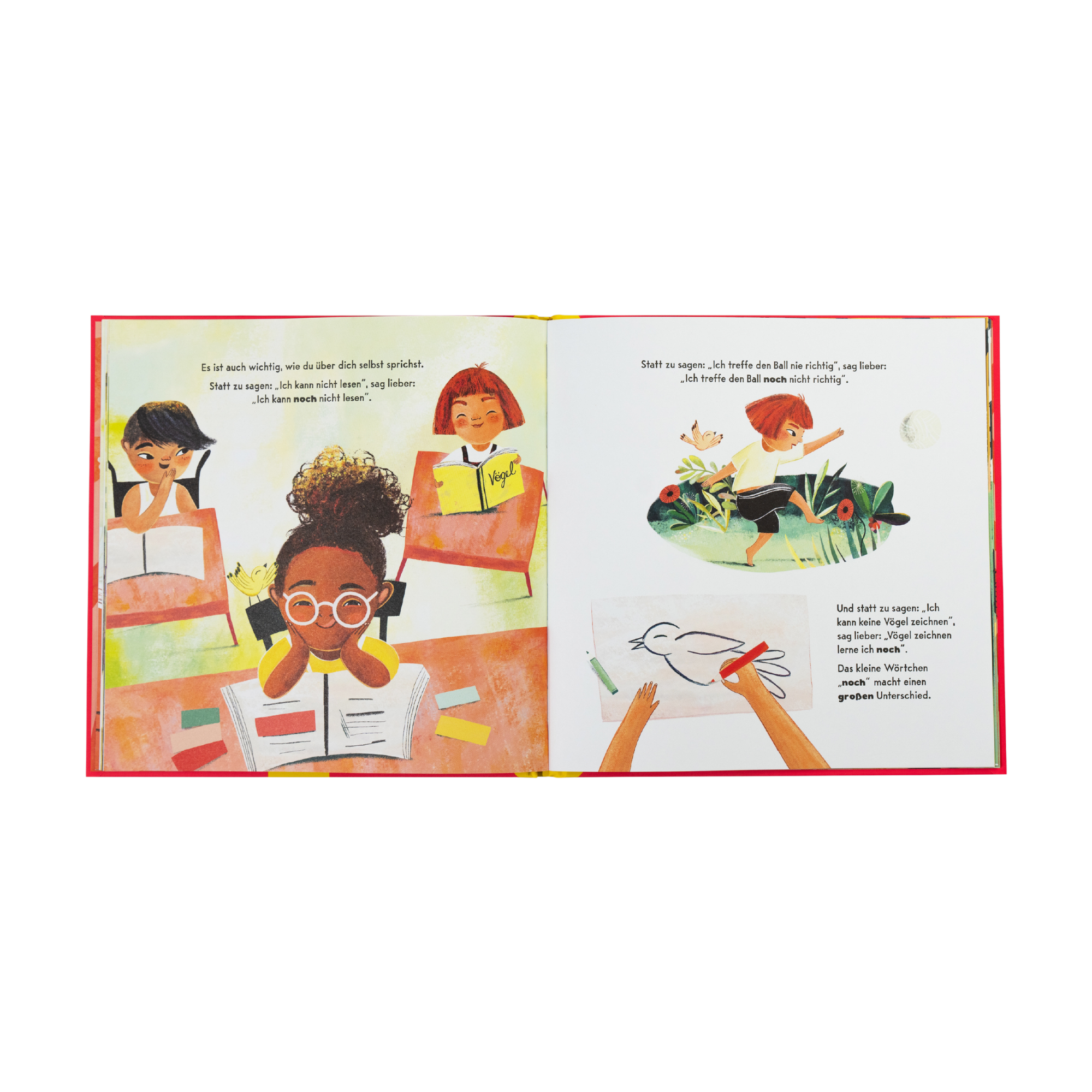 "Gib nicht auf!" von Jessica Sanders mit bunten Illustrationen zeigt Kinder beim Lesen, Schreiben und Malen. Der Text handelt vom Lernen ohne Druck und ermutigt Kinder, Fehler machen zu dürfen.