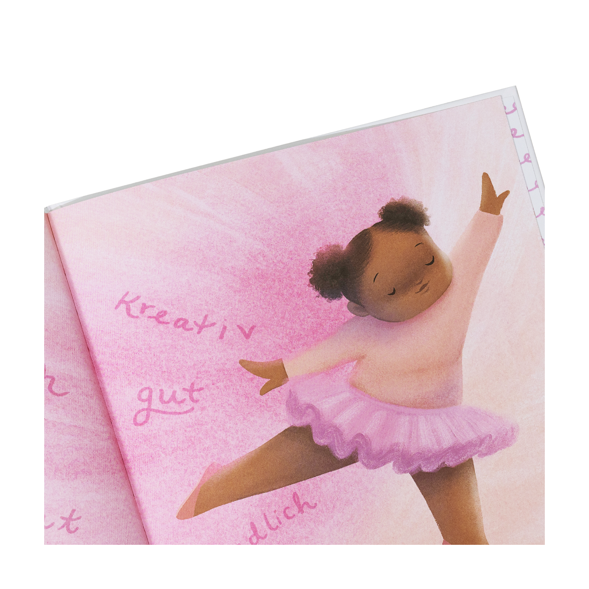 Diese Illustration für "Groß" von Vashti Harrison zeigt ein Schwarzes Mädchen, das ein rosafarbenes Ballett-Outfit trägt und vor einem rosafarbenen Hintergrund tanzt.