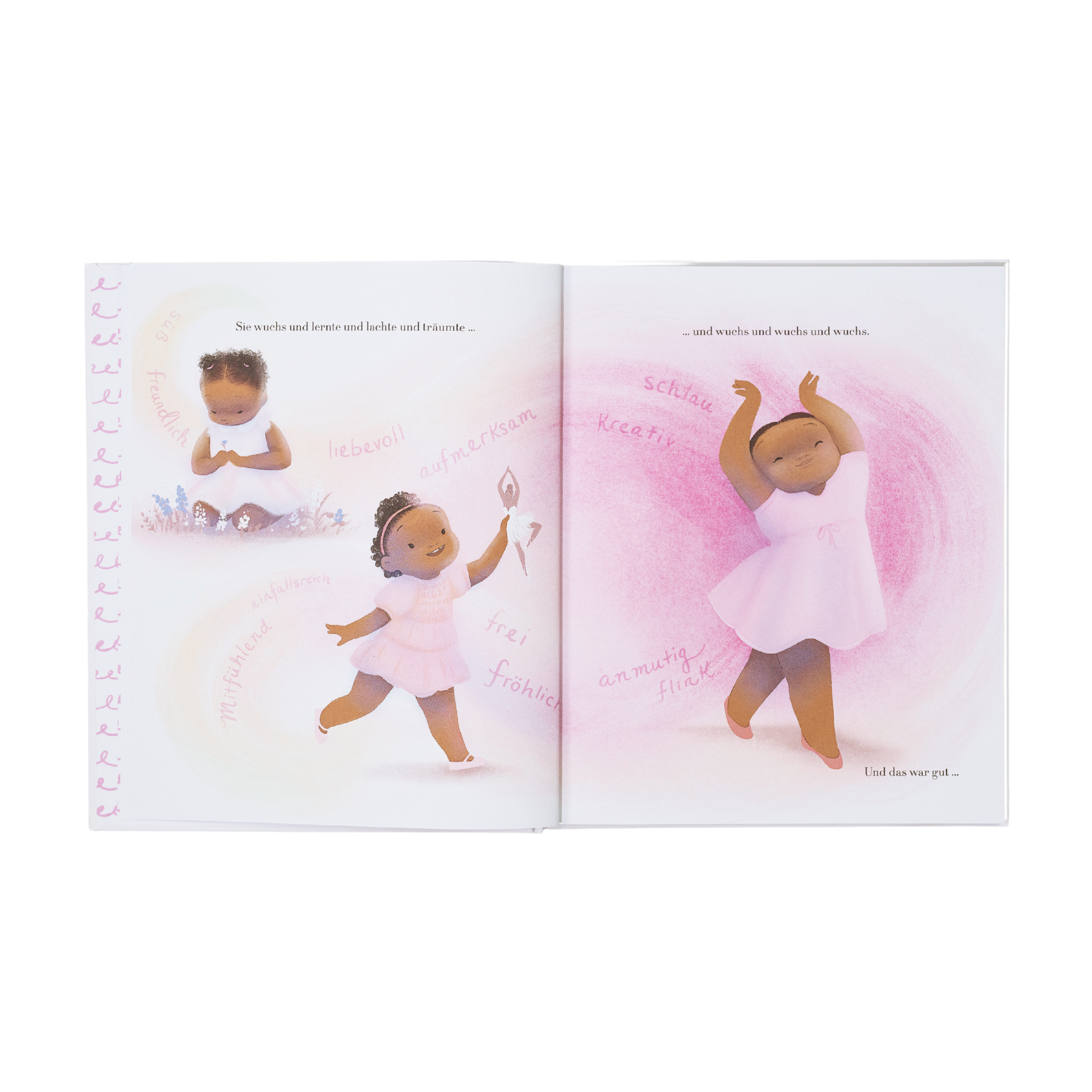 Das Bilderbuch "Groß" von Vashti Harrison zeigt drei Schwarze Mädchen in rosa und weißen Kleidern tanzend auf pinkem Hintergrund. Handgeschriebene deutsche Wörter feiern Selbstakzeptanz und Freude.