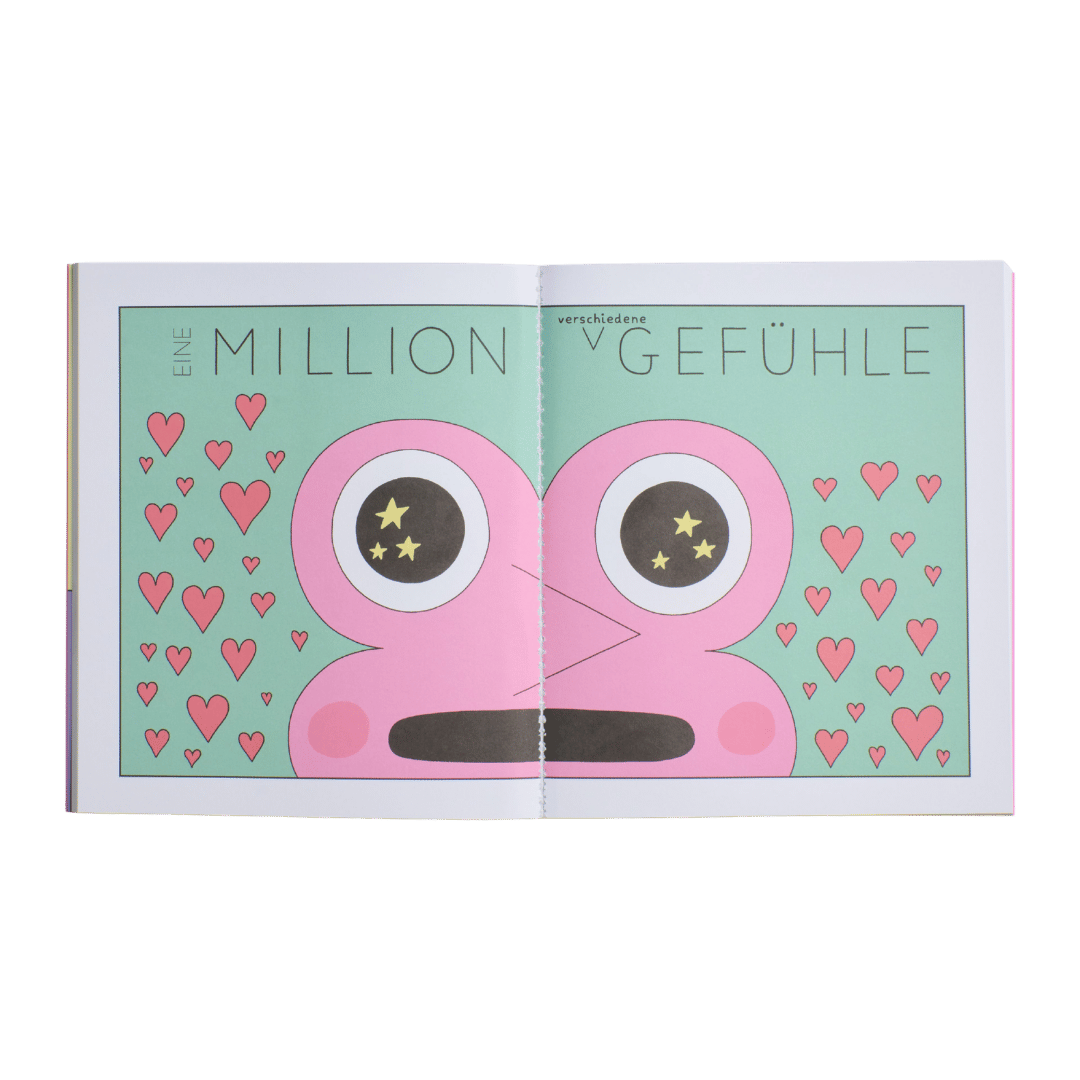 Eine farbenfrohe Doppelseite aus dem Buch „How to love“ des Zuckersüß-Verlags zeigt ein rosa Cartoon-Gesicht mit strahlenden Augen, umgeben von rosa Herzen vor einem grünen Hintergrund. Der deutsche Satz „Eine Million verschiedene Gefühle“ ist auf der Seite zu lesen, während die verspielte Illustration den bezaubernden Geist der Liebe und den für Beziehungen typischen emotionalen Wirbelwind wunderbar vermittelt.