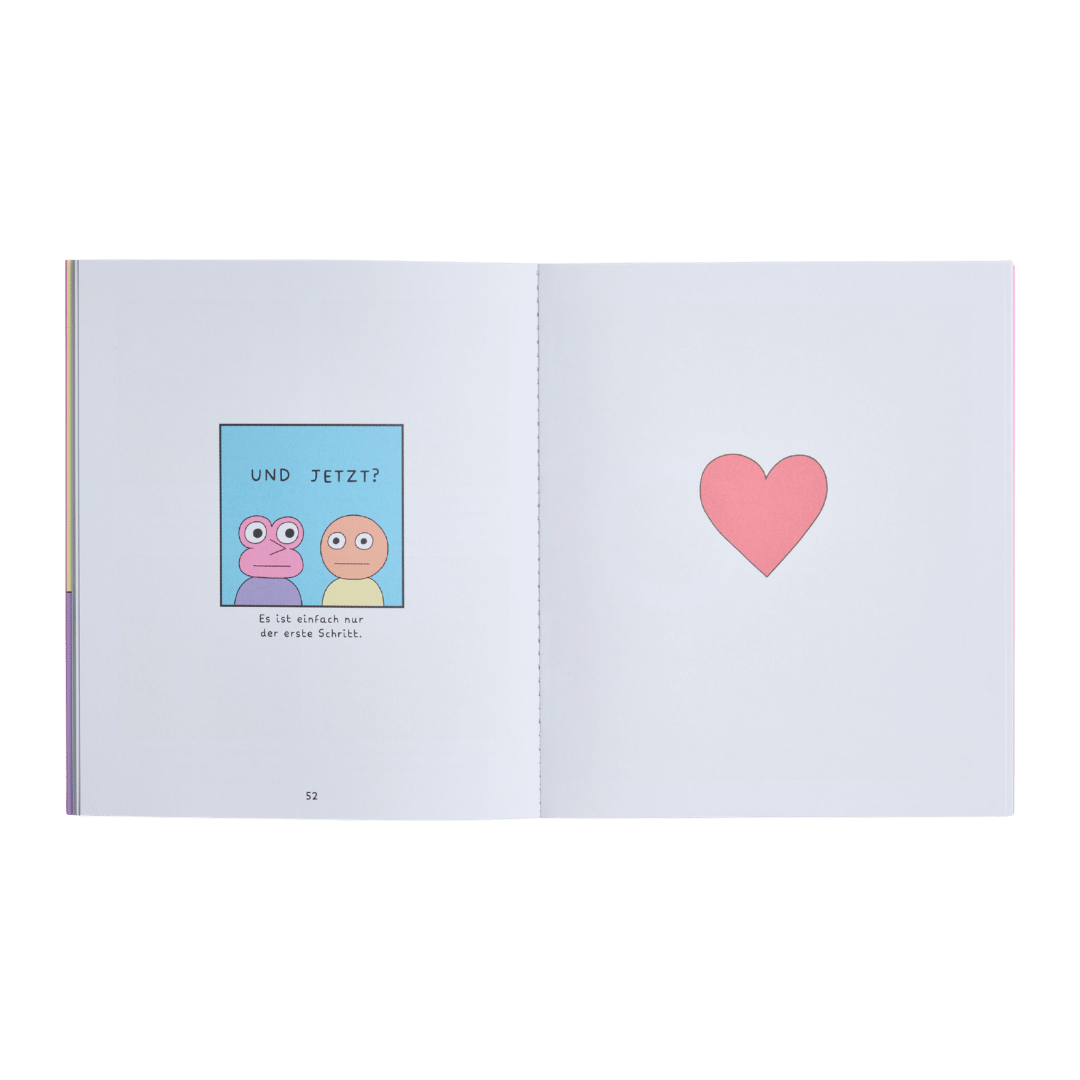 Ein aufgeschlagenes Exemplar von „How to love“ des Zuckersüß-Verlags zeigt auf der linken Seite eine blaue Seite mit zwei Comic-Gesichtern und deutschem Text über Liebe und Beziehungen, während die rechte Seite schlicht weiß ist und eine rosa Herzillustration enthält.