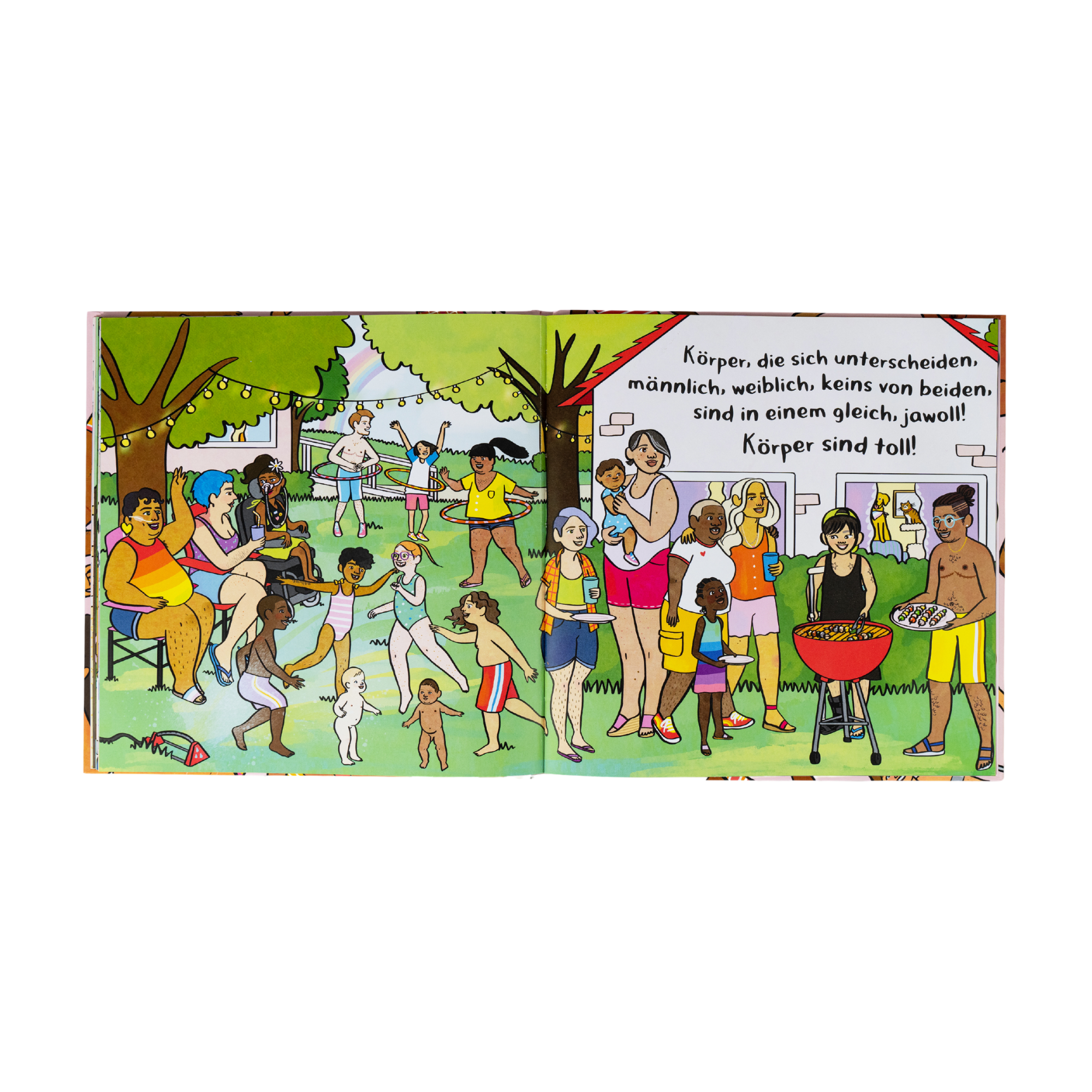 Eine illustrierte Szene aus "Körper sind toll" von Tyler Feder zeigt verschiedene Erwachsene und Kinder aller Körpertypen und Hautfarben bei einem sonnigen Grillfest im Garten, die unter Lichterketten und Bäumen selbstbewusst essen, spielen und miteinander kommunizieren.
