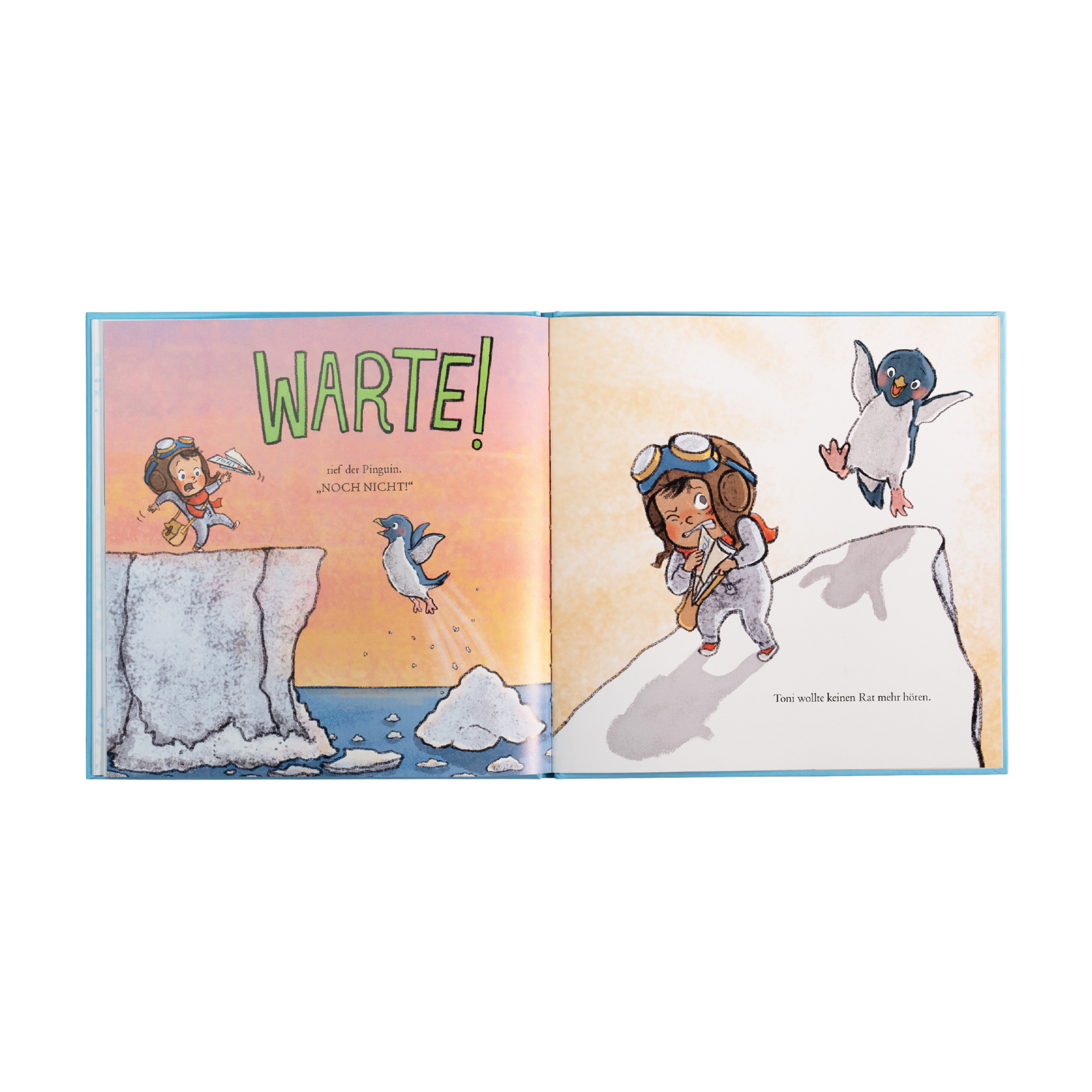Eine Doppelseite aus dem Bilderbuch "Meine Träume fliegen hoch" von Cori Doerrfeld: Links ruft ein Kind mit Fliegerbrille und Papierflieger „WARTE!“ dem springenden Pinguin entgegen. Rechts sieht man das Kind mit entschlossenem Blick, wie es weitergeht, während der Pinguin ihm besorgt folgt.