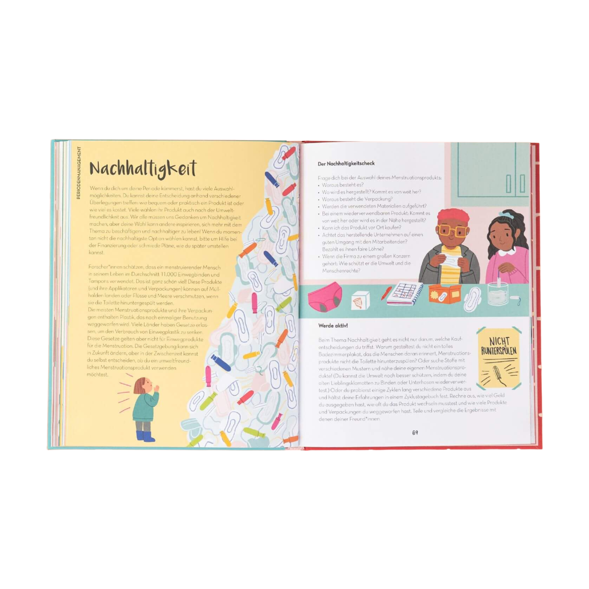 Eine aufgeschlagene Seite aus "Mut zum Blut" von Chella Quint zeigt auf der linken Seite Text und die Abbildung einer Person vor einem Müllhaufen; auf der rechten Seite sortieren zwei Personen an einem Tisch den Abfall.