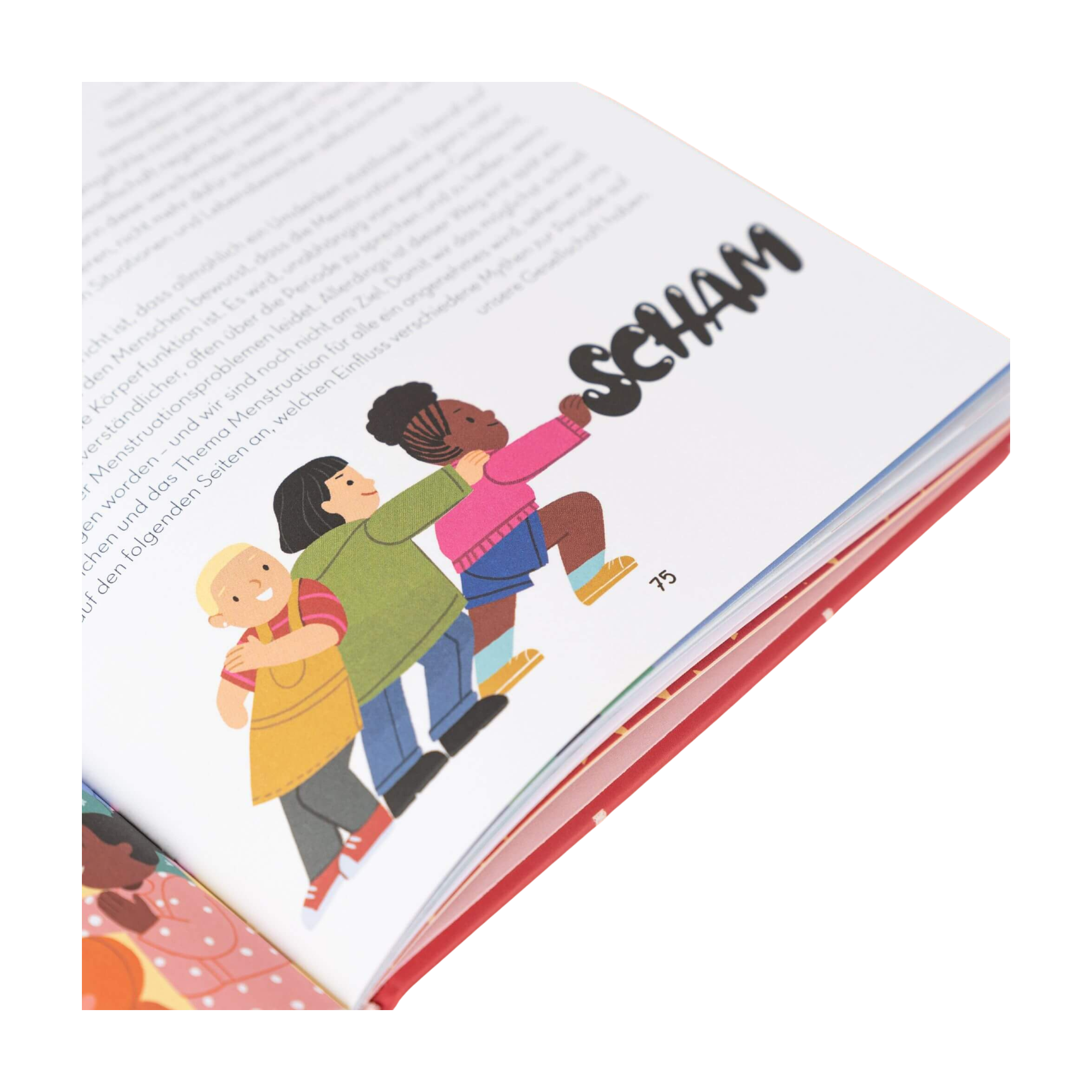 Eine illustrierte Seite aus dem Buch "Mut zum Blut" von Chella Quint zeigt drei unterschiedliche Kinder, die zusammen und das fettgedruckte Wort SCHAM von sich schieben.