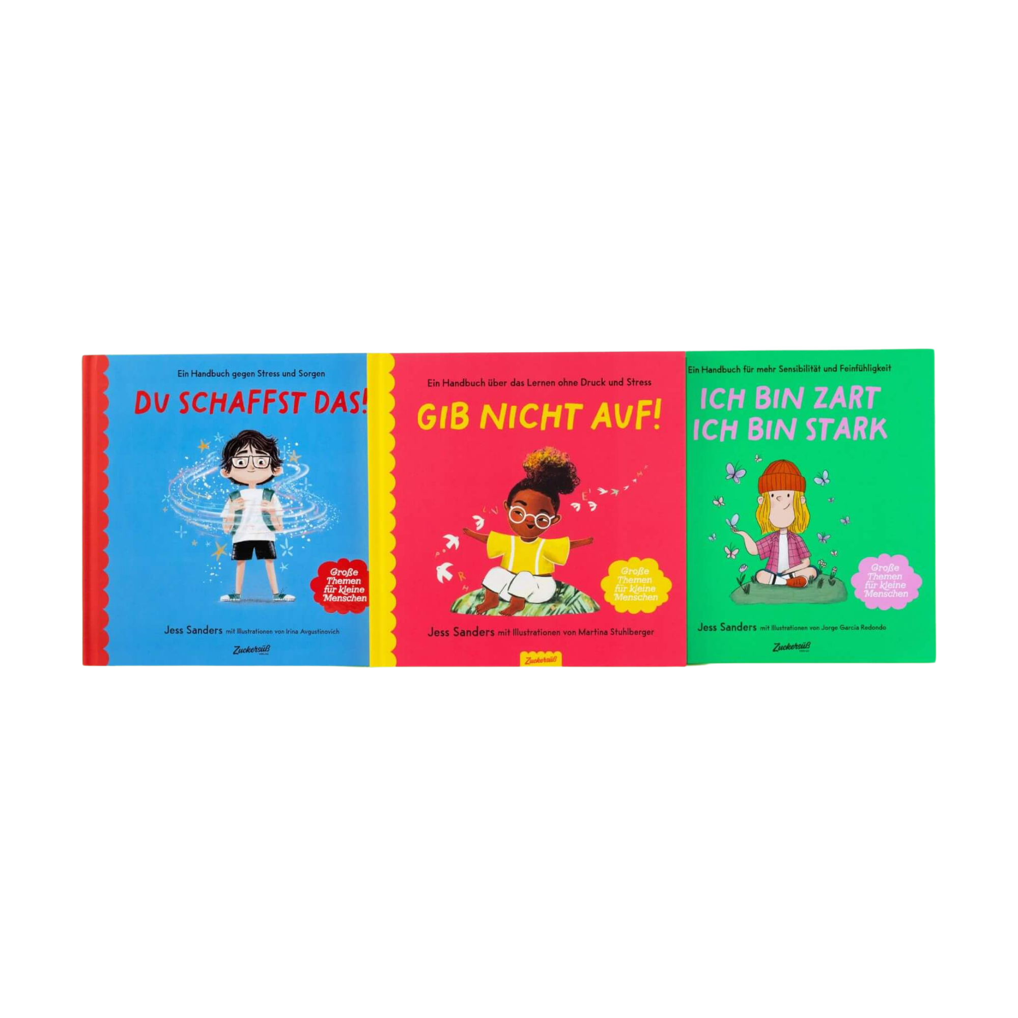 "Das Mutmach-Paket" des Zuckersüß Verlags enthält drei farbenfrohe Kinderbücher von Jess Sanders: „Du schaffst das!“, „Gib nicht auf!“ und „Ich bin zart, ich bin stark“. Die Cover sind bunt illustriert und greifen kindgerecht Themen wie Stress, innere Stärke, Sensibilität und Selbstvertrauen auf.