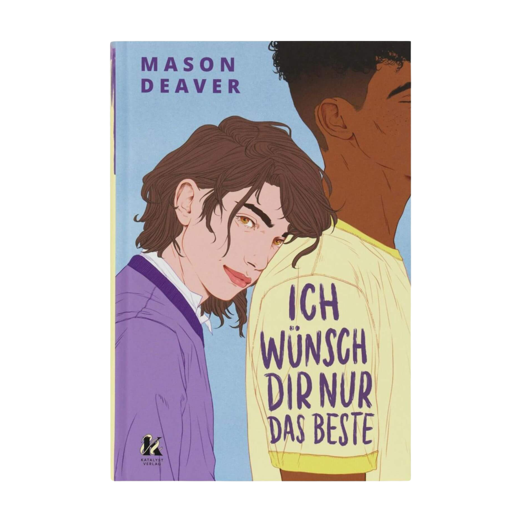 Das Cover von "Ich wünsch dir nur das Beste" von Mason Deaver zeigt zwei illustrierte Jugendliche mit verschiedener Hautfarbe und Kleidung und thematisiert Freundschaft sowie nicht-binäre Identität.