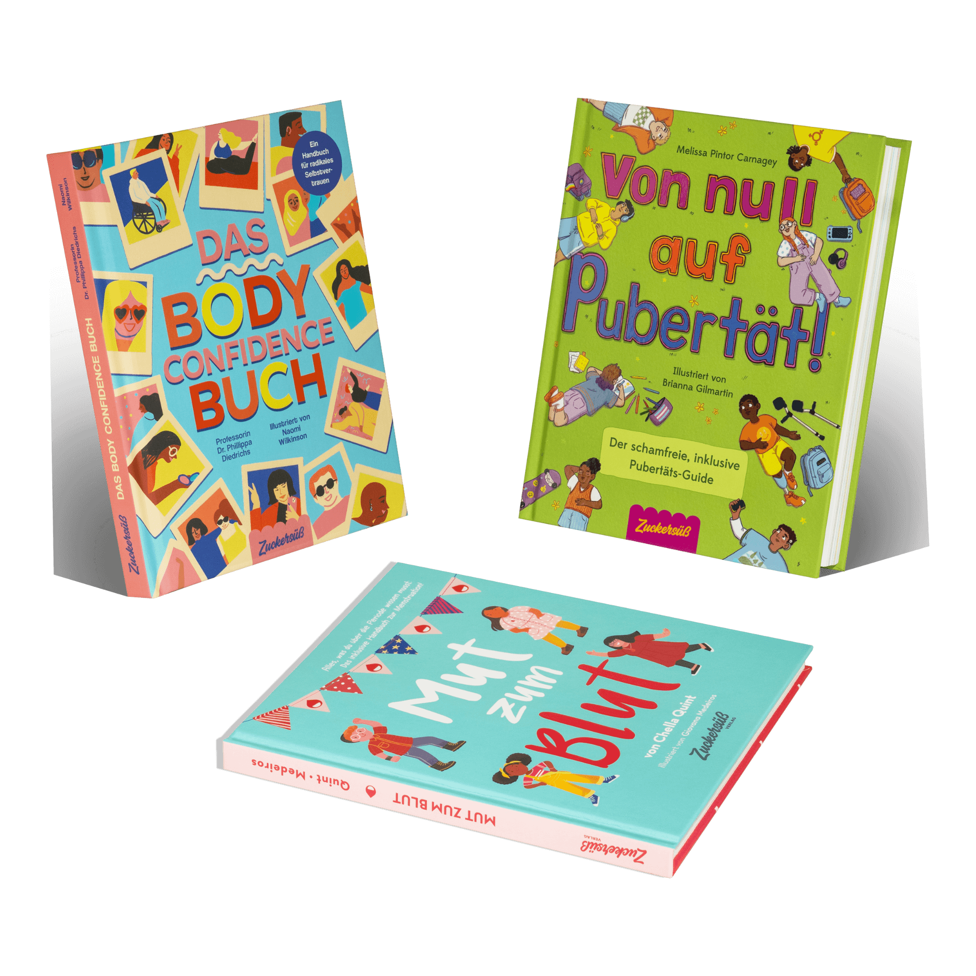 Drei farbenfrohe deutschsprachige Kinder- und Jugendbücher aus dem Pubertät Starter Pack des Zuckersüß Verlags sind aufrecht und flach dargestellt. Die illustrierten Cover zeigen unterschiedliche Charaktere und behandeln die Themen Pubertät, Körperbewusstsein und Menstruation.