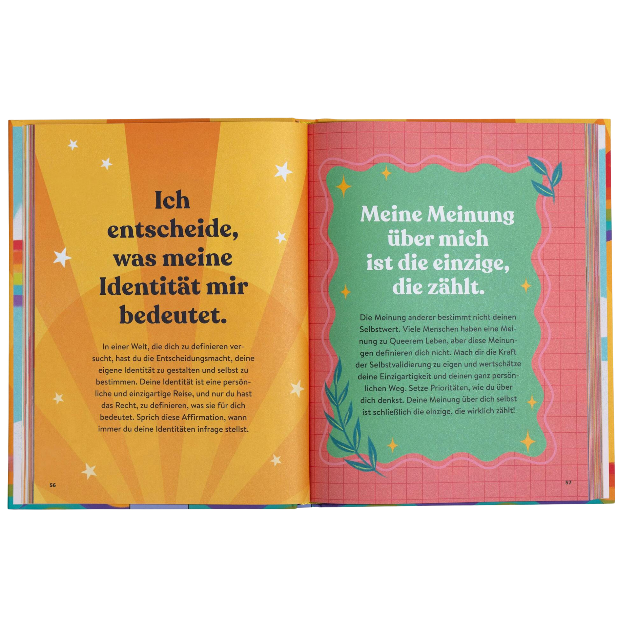 Ein aufgeschlagenes Buch aus Jess Vosseteigs "Queer Joy" zeigt leuchtende Seiten: links, fett "Ich entscheide, was meine Identität mir bedeutet!"; rechts, auf Grün, feiert die queere Existenz mit "Meine Meinung über mich ist die einzige, die zählt".