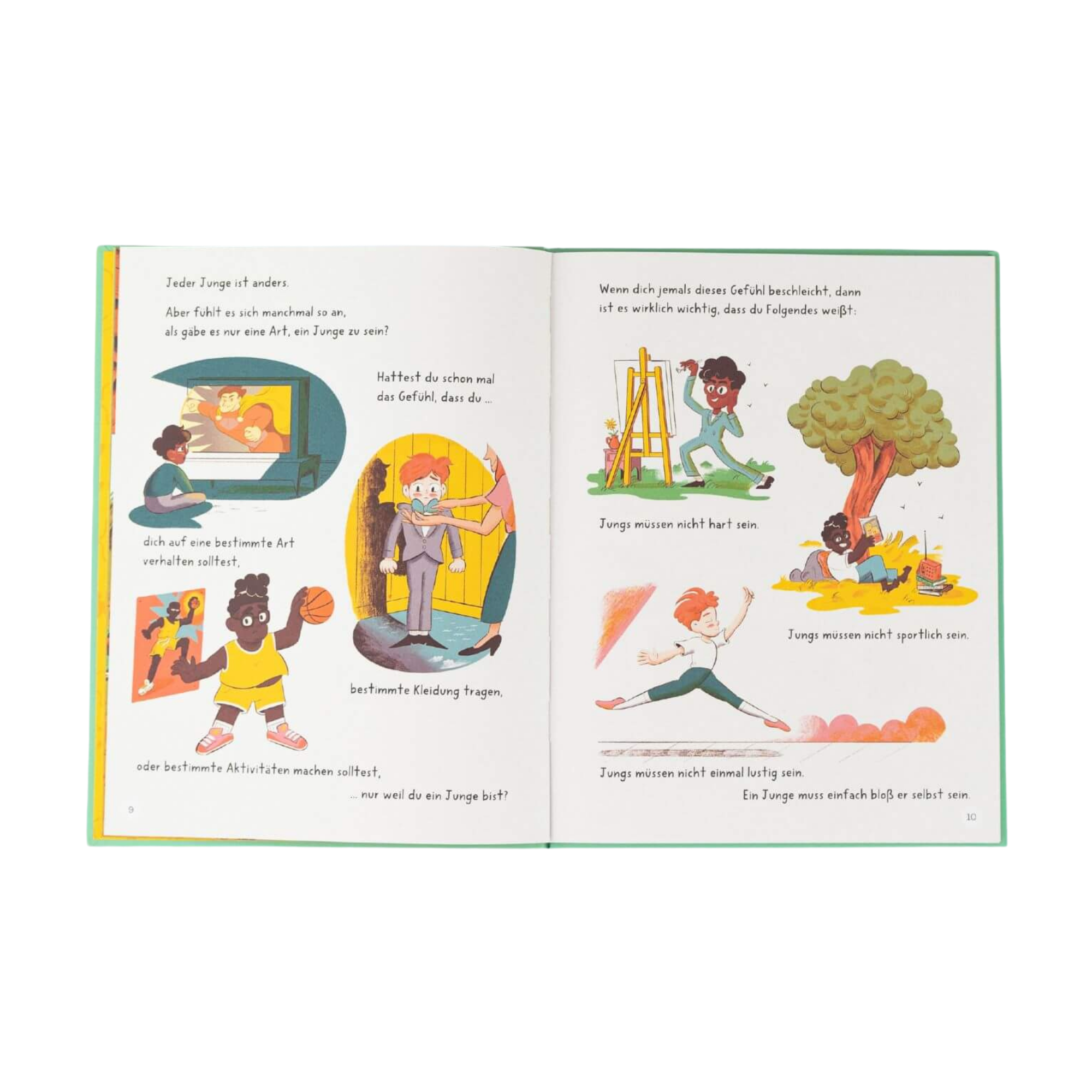Eine Doppelseite aus dem Kinderbuch „Sei ein ganzer Kerl“ zeigt verschiedene Kinder beim Malen, Lesen, Tanzen oder Basketballspielen. Die Illustrationen und der Text machen deutlich, dass es viele Wege gibt, man selbst zu sein – ohne bestimmten Erwartungen entsprechen zu müssen.