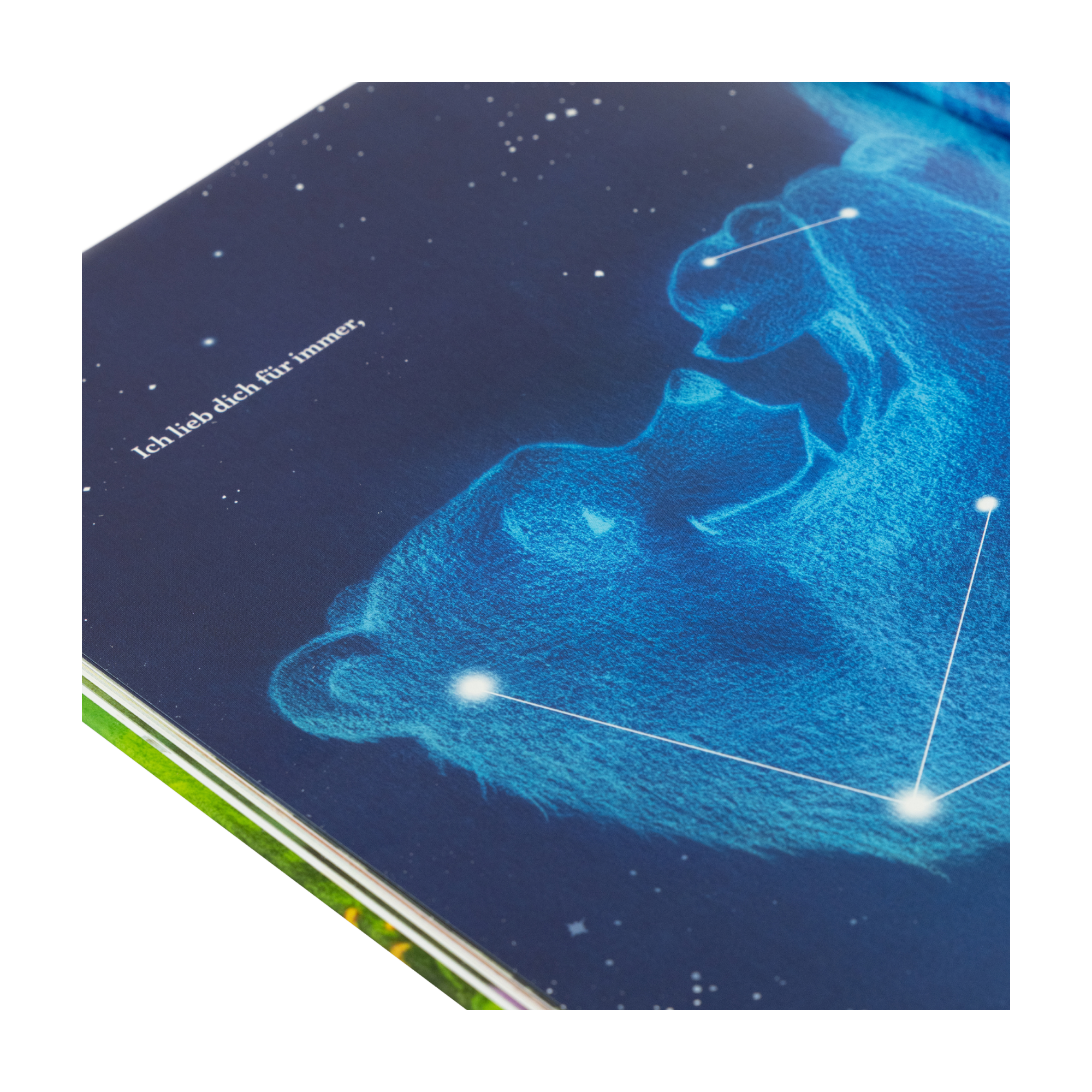 Eine sternenübersäte Bilderbuchseite aus Andrea Beatys "Wie ich dich liebe" zeigt leuchtend blaue Bärenkonstellationen und den Text "Ich lieb dich für immer."