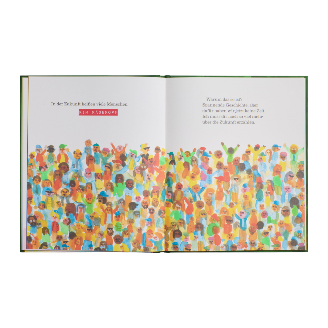 Ein aufgeschlagenes Exemplar von „Das Buch aus der Zukunft“ des Zuckersüß-Verlags zeigt auf beiden Seiten vor weißem Hintergrund farbenfrohe Illustrationen zahlreicher Kinder sowie deutschen Text.