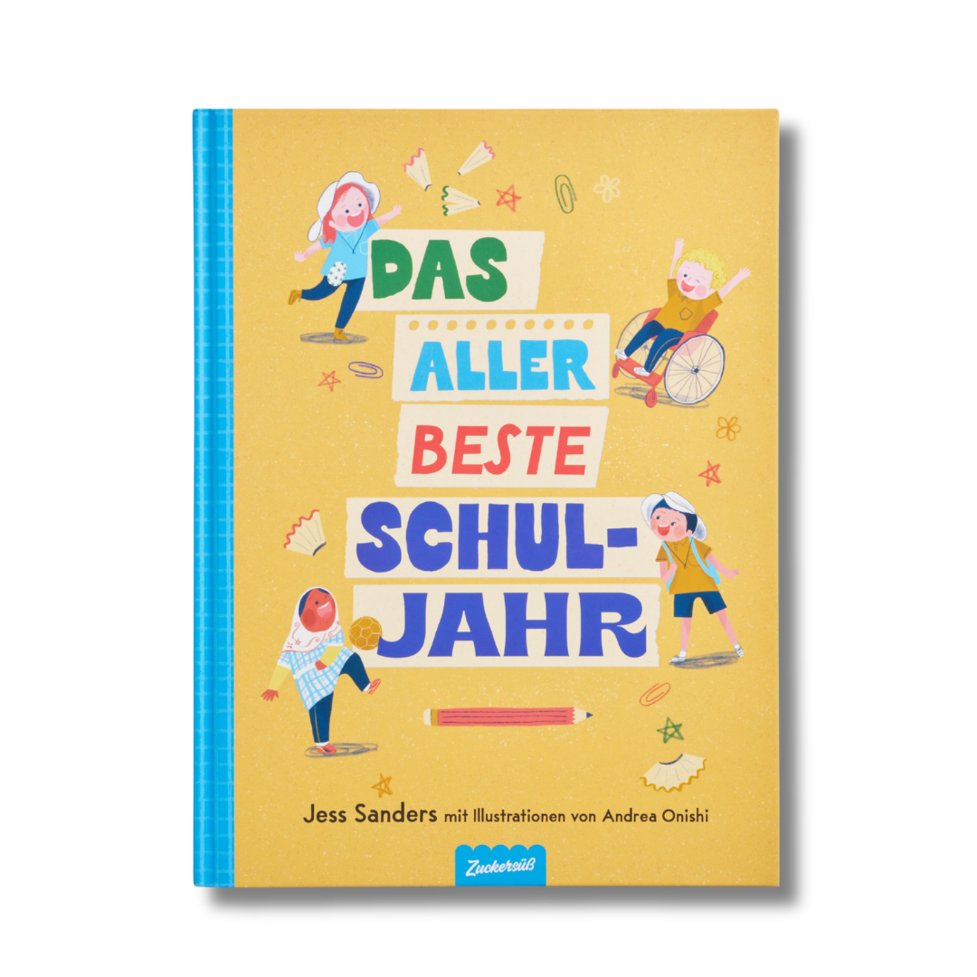 Das Buch „Das allerbeste Schuljahr“ vom Zuckersüß Verlag besticht durch ein farbenfrohes Cover mit bunten Schriftzügen und lebhaften Illustrationen, die verschiedene spielende Kinder zeigen – darunter auch ein Kind im Rollstuhl. Vor einem leuchtend gelben Hintergrund, der mit verstreuten Schulsachen verziert ist, feiert dieses fröhliche Kinderbuch den Schulalltag und die Freuden der Freundschaft.