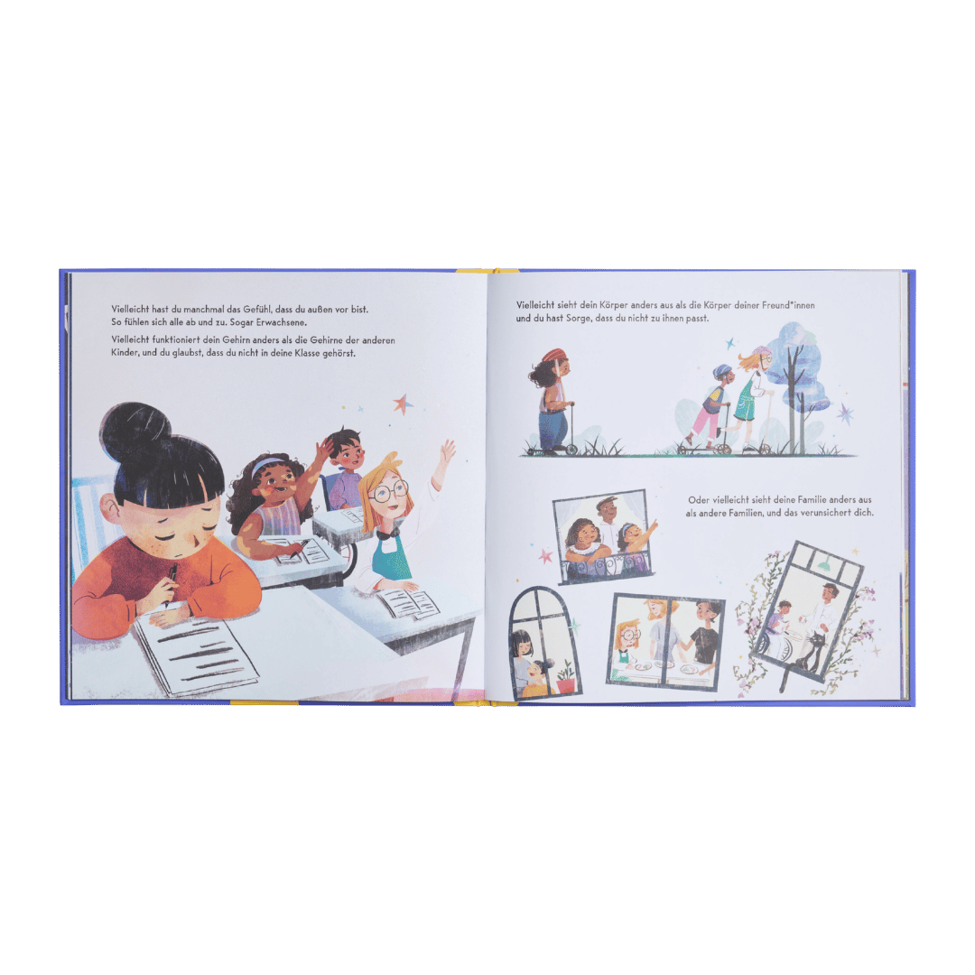 Kinder sitzen an Schreibtischen in einem Klassenzimmer, eines davon wirkt nachdenklich. Rechts sind kleinere Illustrationen zu sehen, die Kinder zeigen, wie sie sich draußen unterhalten und Zeit miteinander verbringen, umgeben von Bäumen und einem Fotostreifen. „Du gehörst dazu!“ vom Zuckersüß Verlag thematisiert Diversität und fängt Momente des Alltags in warmen, ausdrucksstarken Szenen ein. Der Text ist auf Deutsch.
