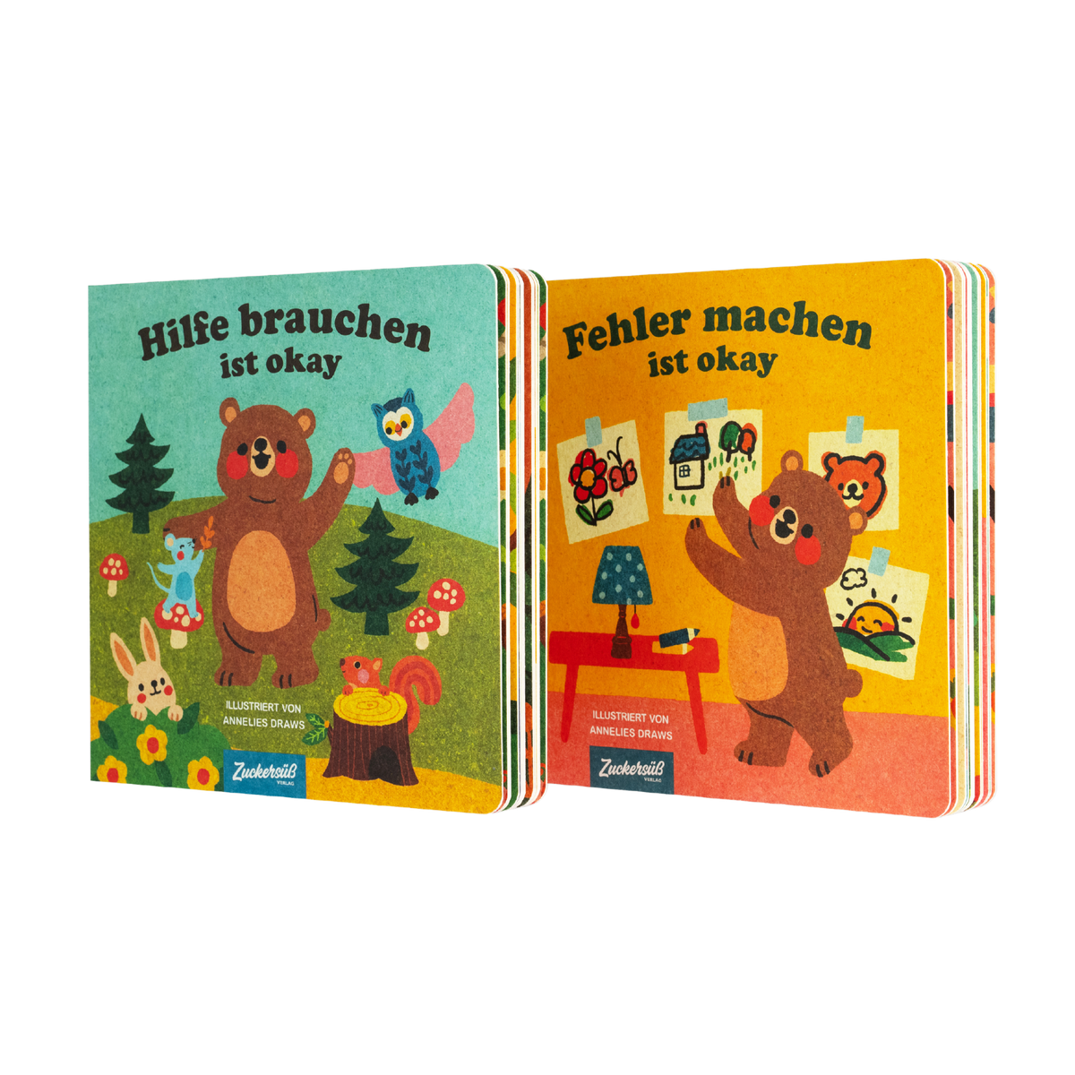 Die Annelies Draws-Bücher "Hilfe brauchen ist okay" und "Fehler machen ist okay" sind zwei deutsche Kinderbücher mit farbenfrohen Covern, die illustrierte Tiere in fröhlichen Freundschaftsszenen zeigen.