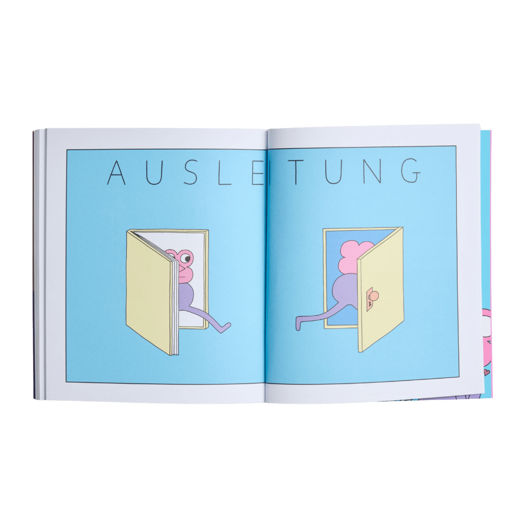 Ein aufgeschlagenes Buch aus der Reihe „How to love“ des Zuckersüß Verlags zeigt eine Comicfigur, die über beide Seiten hinweg durch eine Tür tritt, während darüber auf blauem Hintergrund das Wort „AUSLEITUNG“ groß hervorgehoben ist – eine verspielte Szene, die die Leser dazu einlädt, neue Wege in Beziehungen und Liebe zu entdecken.