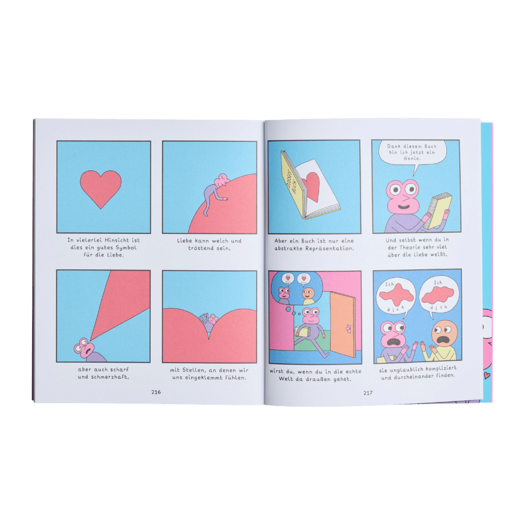 Ein aufgeschlagenes Exemplar von „How to love“ des Zuckersüß-Verlags zeigt farbenfrohe Comic-Bilder mit einem Herzen, einem Buch und rosa Comicfiguren, begleitet von deutschen Texten, die sich mit Liebe, Emotionen, Beziehungen und abstrakten Konzepten befassen.