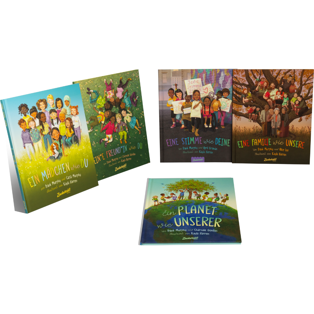 Fünf illustrierte deutsche Kinderbuchtitel aus der Eine Welt wie diese - Mädchen-Kollektion des Zuckersüß Verlags werden aufrecht und flach präsentiert, darunter Ein Mädchen wie du, Eine Familie wie unsere und Ein Planet wie unserer.
