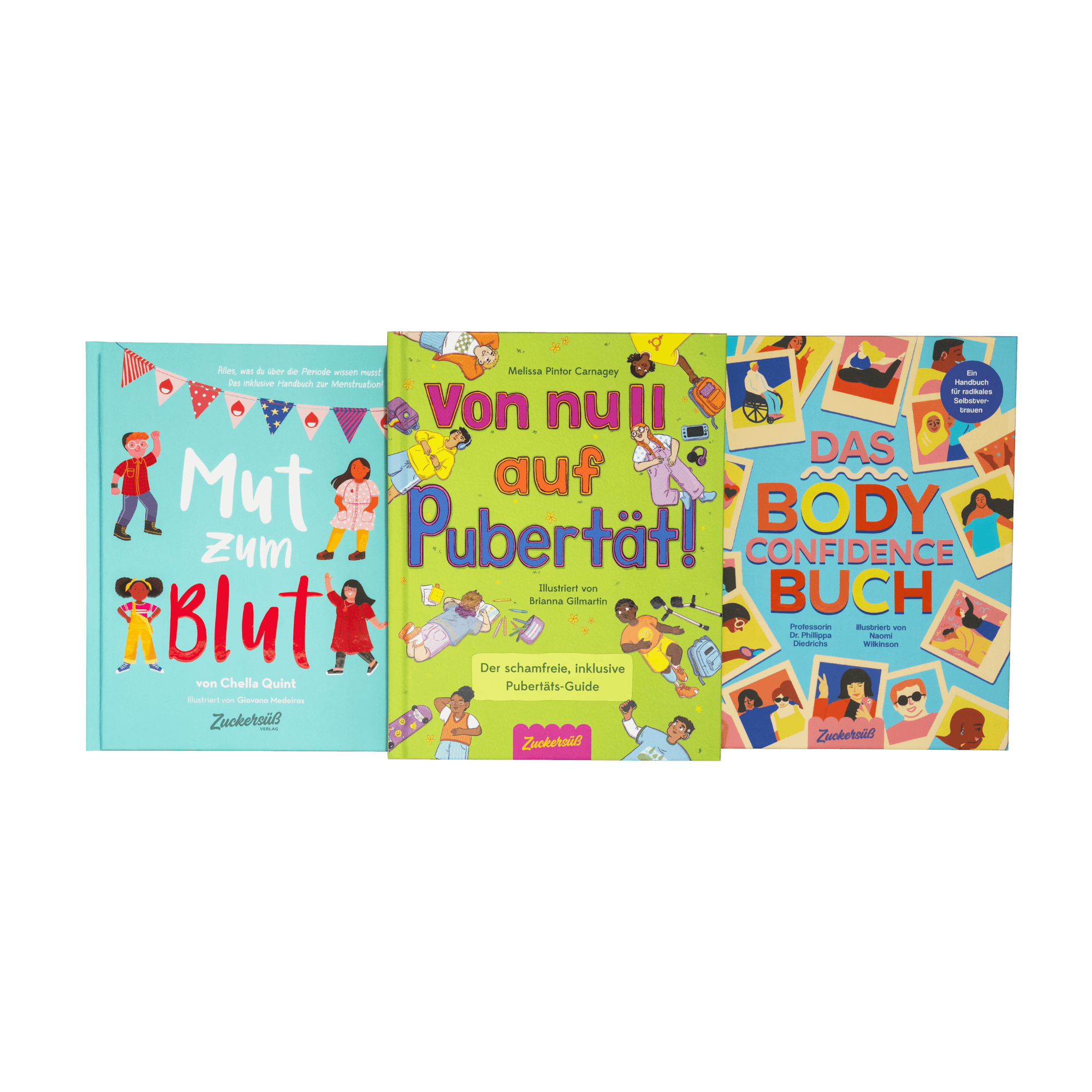 Das Pubertäts-Starterpaket des Zuckersüß Verlags enthält drei lebendige deutsche Bücher - "Mut zum Blut", "Von null auf Pubertät!" und "Das Body Confidence Buch" - mit verspielten Covern, die Kinder und Jugendliche perfekt durch die Pubertät begleiten.