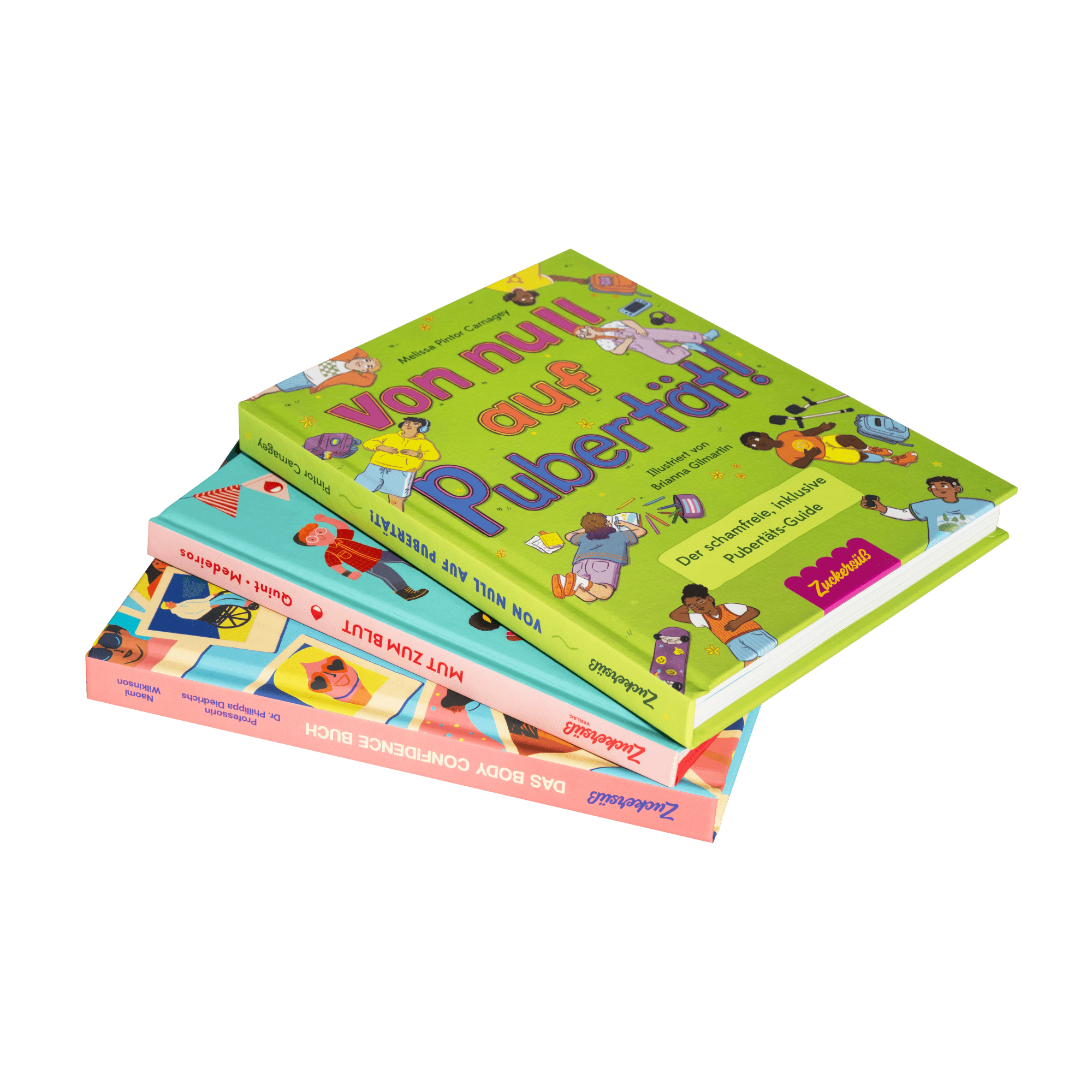 Drei bunte Kinderbücher aus dem Zuckersüß Verlag sind aufeinander gestapelt, wobei das oberste Buch den Titel "Von null auf Pubertät" trägt - ein spielerisches Aufklärungsbuch für Kinder, das das perfekte Pubertäts-Starterpaket darstellt.